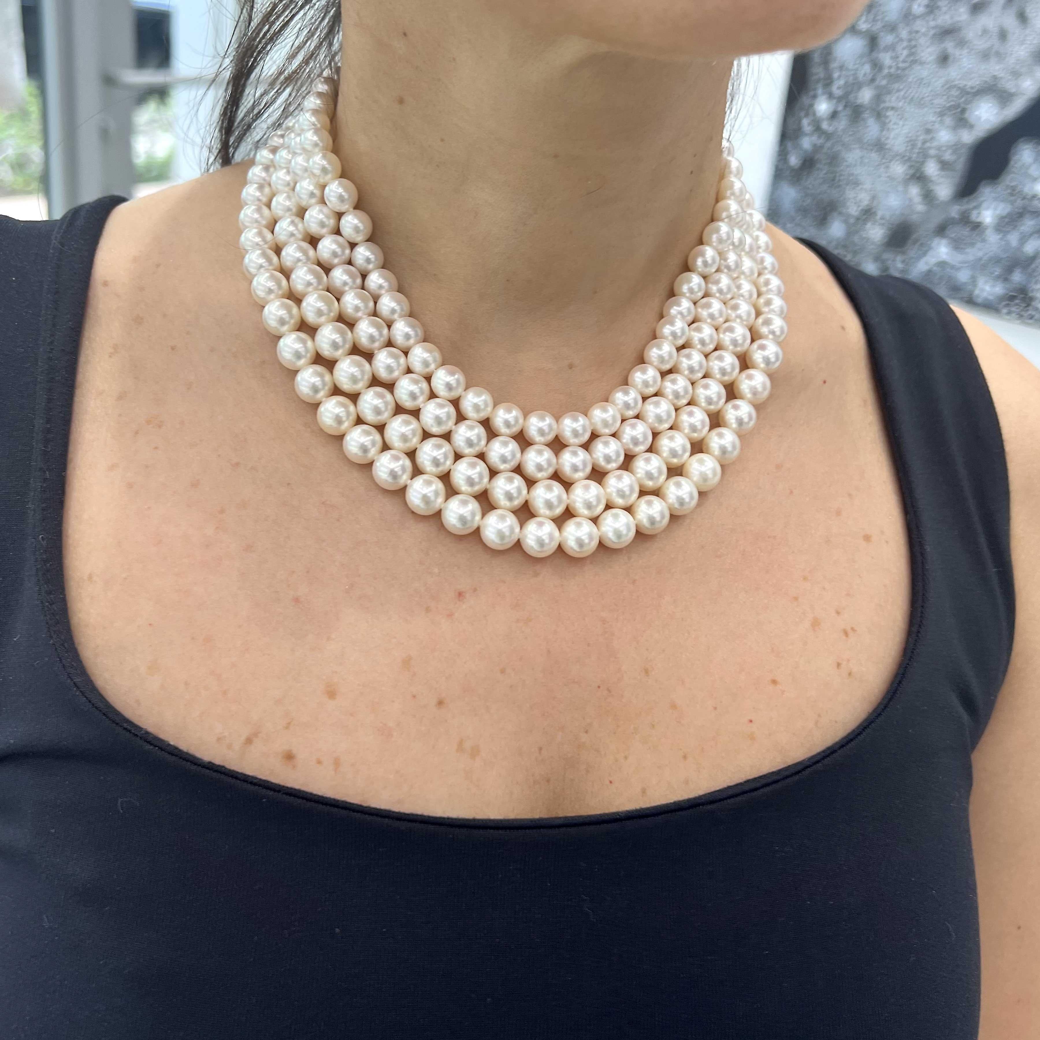 Round Cut Mikimoto Very Fine and Very Rare Akoya 4 Strand Pearl Necklace Diamond Clasps  For Sale