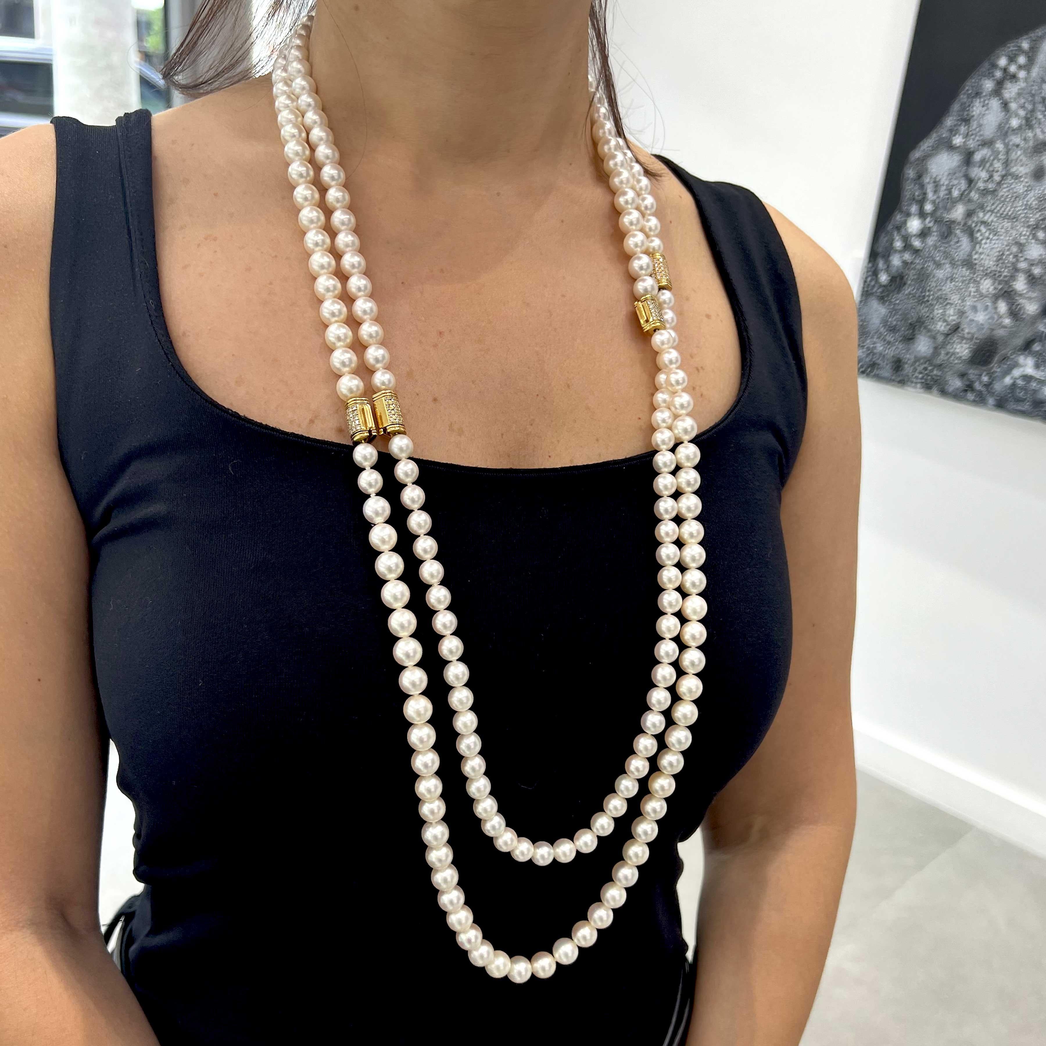 Round Cut Mikimoto Very Fine and Very Rare Akoya 4 Strand Pearl Necklace Diamond Clasps For Sale