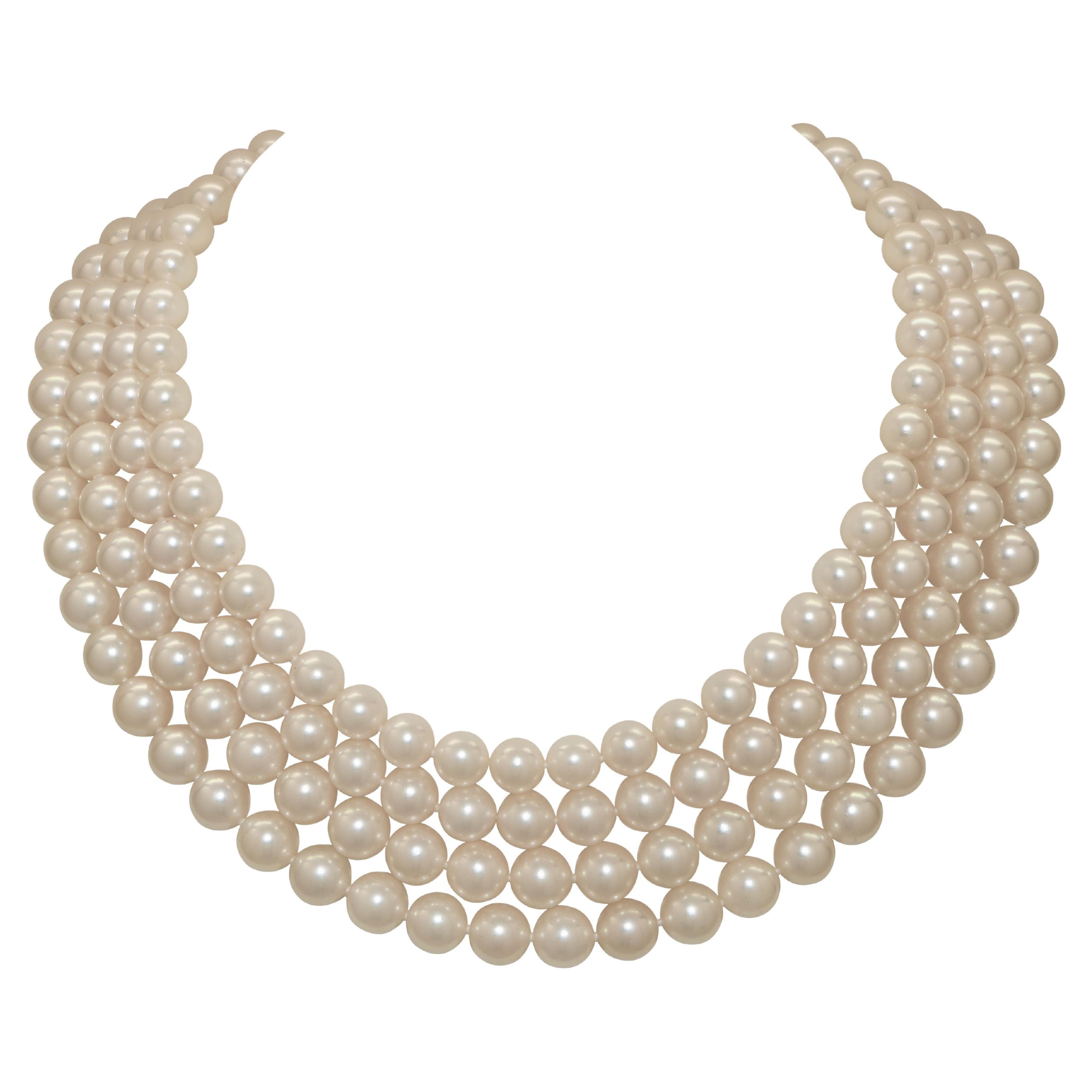 Mikimoto Very Fine and Very Rare Akoya 4 Strand Pearl Necklace Diamond Clasps 
