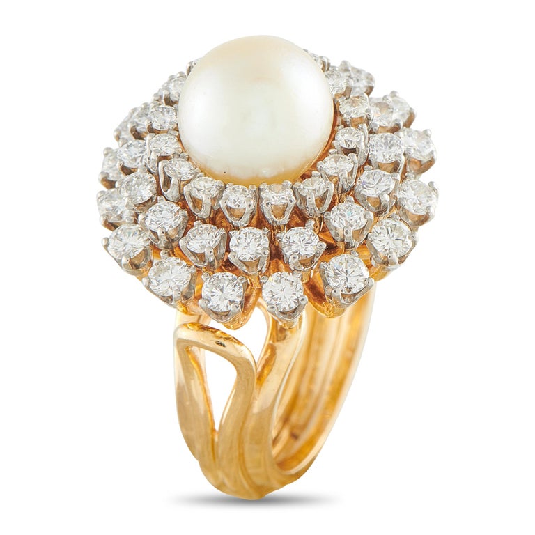 Mikimoto Vintage 18K Yellow Gold 1.95ct Diamond and Pearl Ring