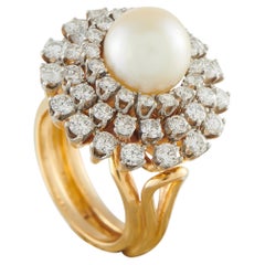 Mikimoto Vintage 18K Yellow Gold 1.95ct Diamond and Pearl Ring MK37-050126