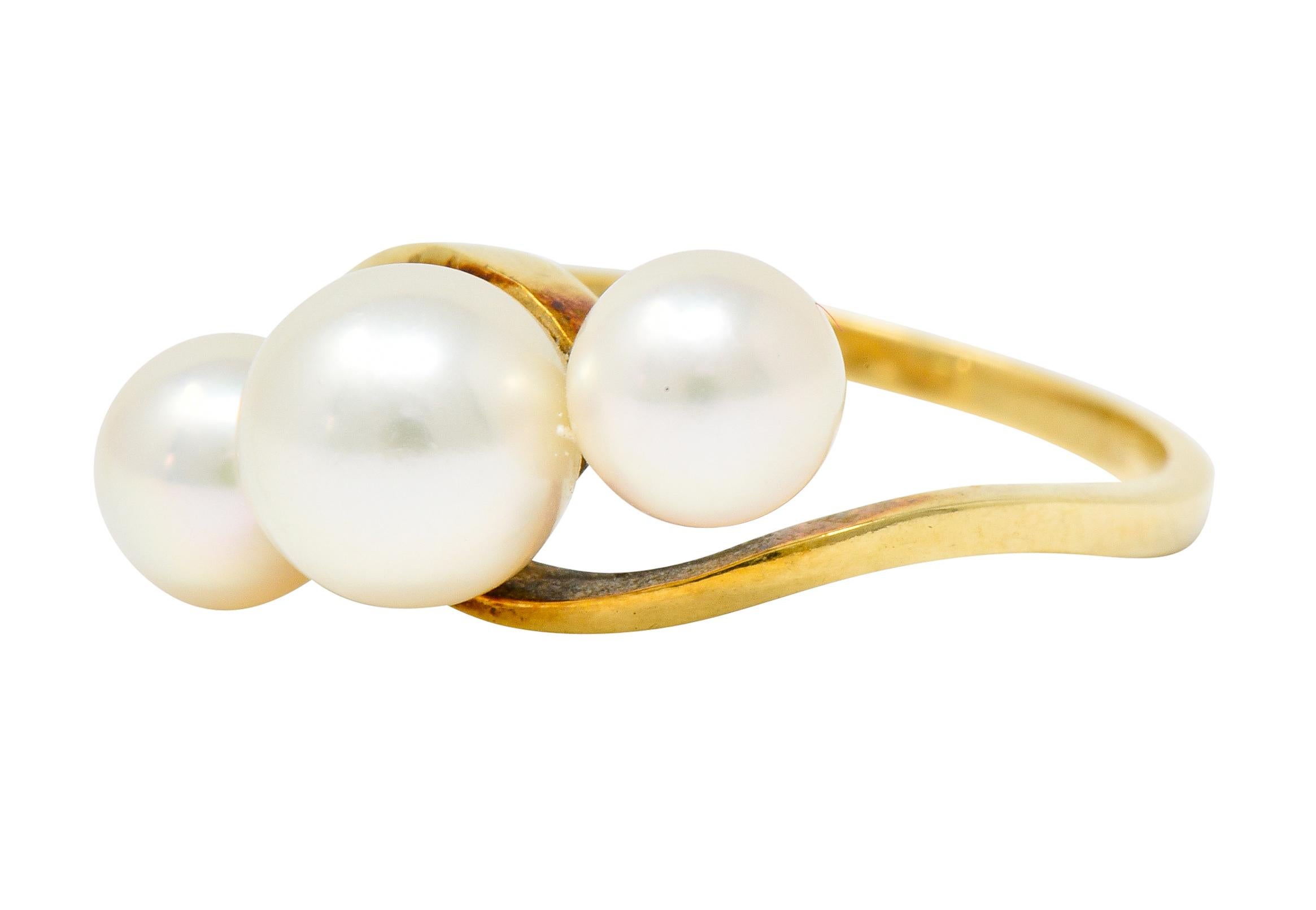 Contemporary Mikimoto Vintage Cultured Pearl 14 Karat Yellow Gold Three-Stone Ring
