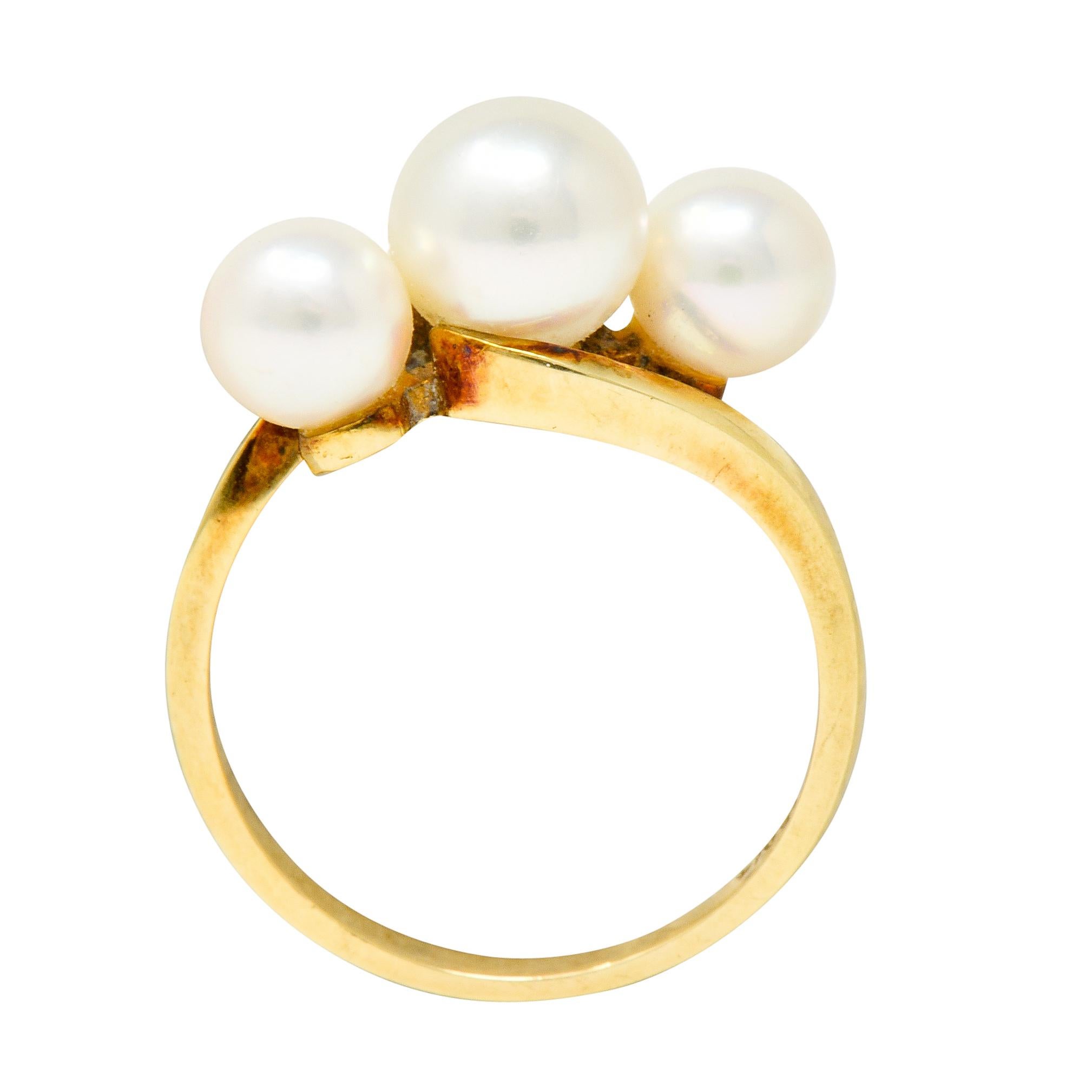 Mikimoto Vintage Cultured Pearl 14 Karat Yellow Gold Three-Stone Ring In Excellent Condition In Philadelphia, PA