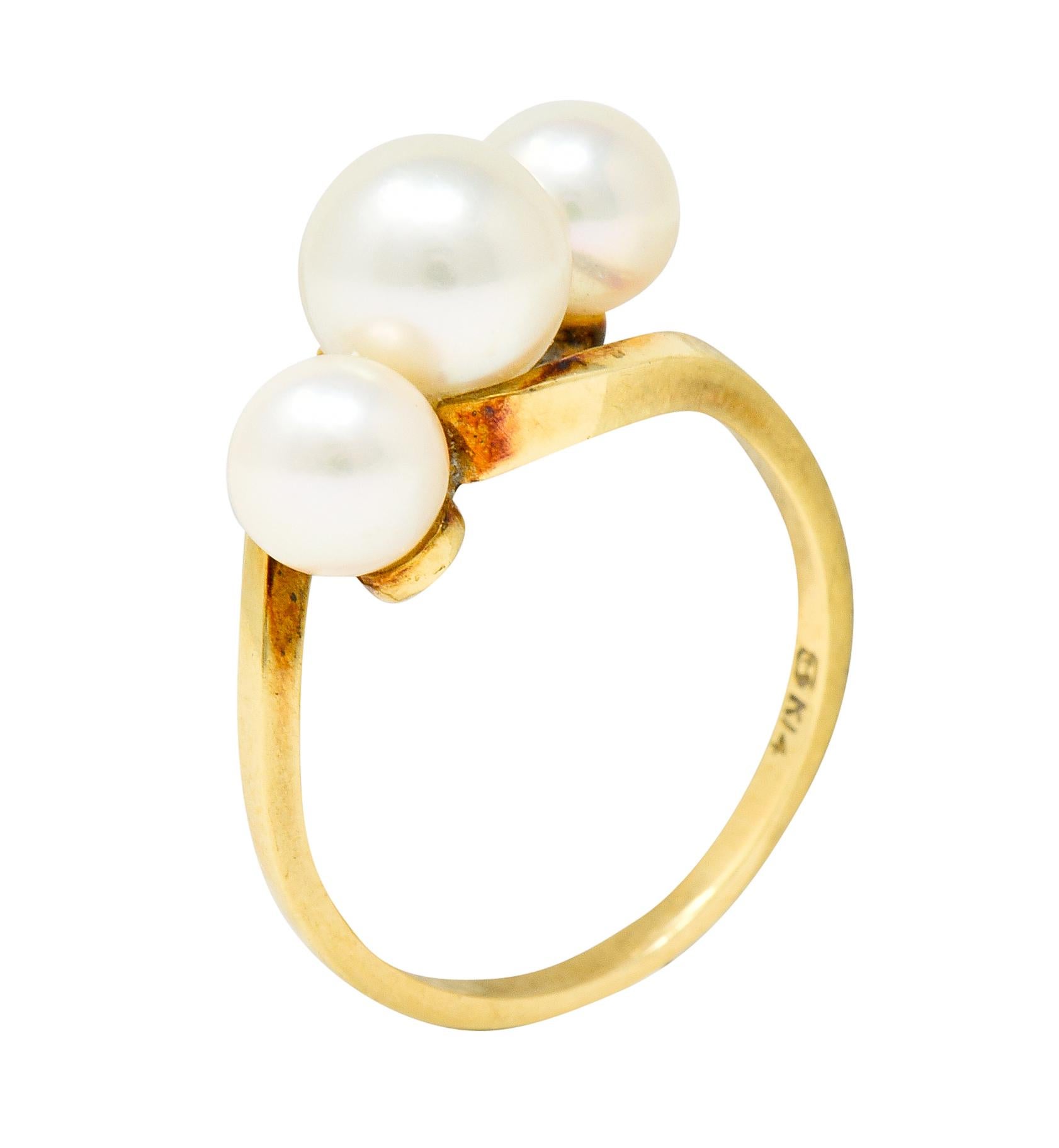 Women's or Men's Mikimoto Vintage Cultured Pearl 14 Karat Yellow Gold Three-Stone Ring