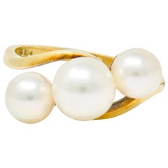 Mikimoto - Bague à trois pierres en or jaune 14 carats et perles de culture vintage