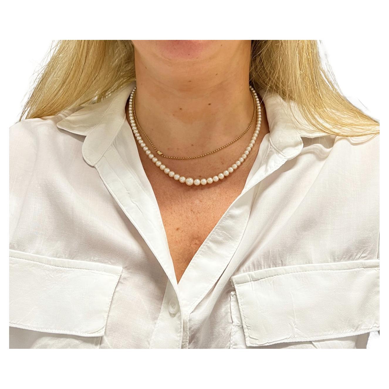 Mikimoto Vintage Cultured Pearl Graduated Necklace Sterling Silver Clasp
Metal: Sterling silver 925
Pearls: Graduated cultured pearls 3.5 - 7mm, white, medium luster 
Length: 17 inches
Note: Box included, slight movement between pearls on string