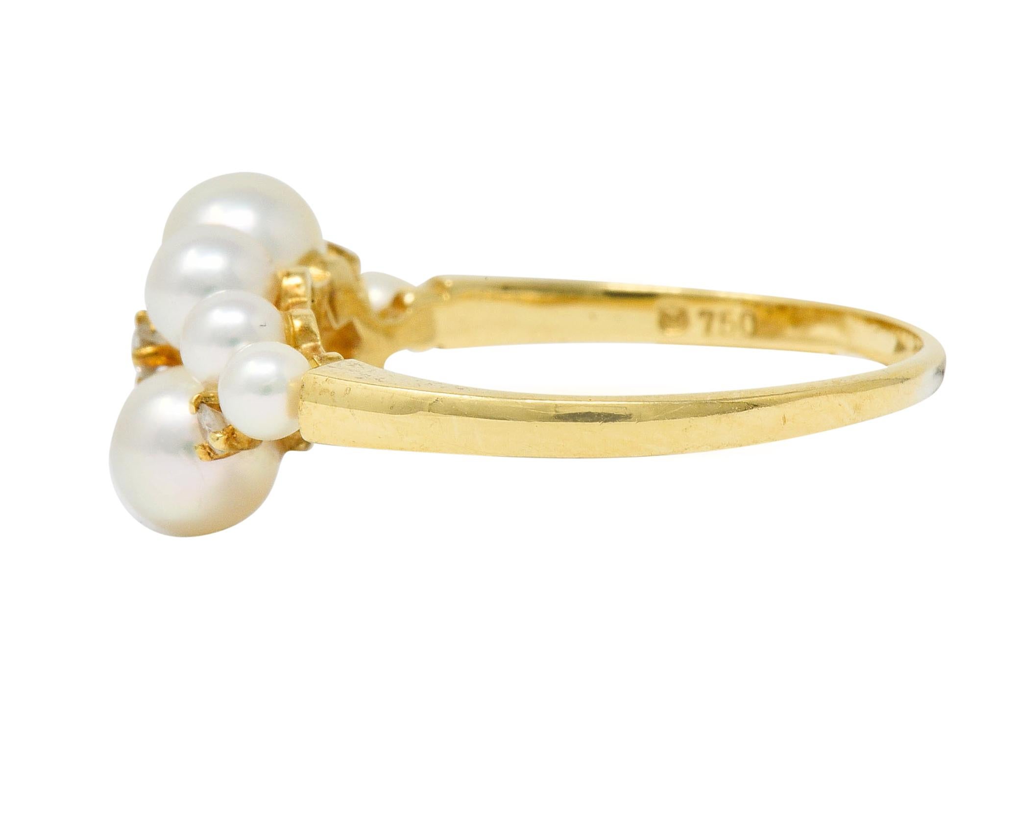 Brilliant Cut Mikimoto Vintage Diamond Cultured Pearl 18 Karat Gold Cluster Ring