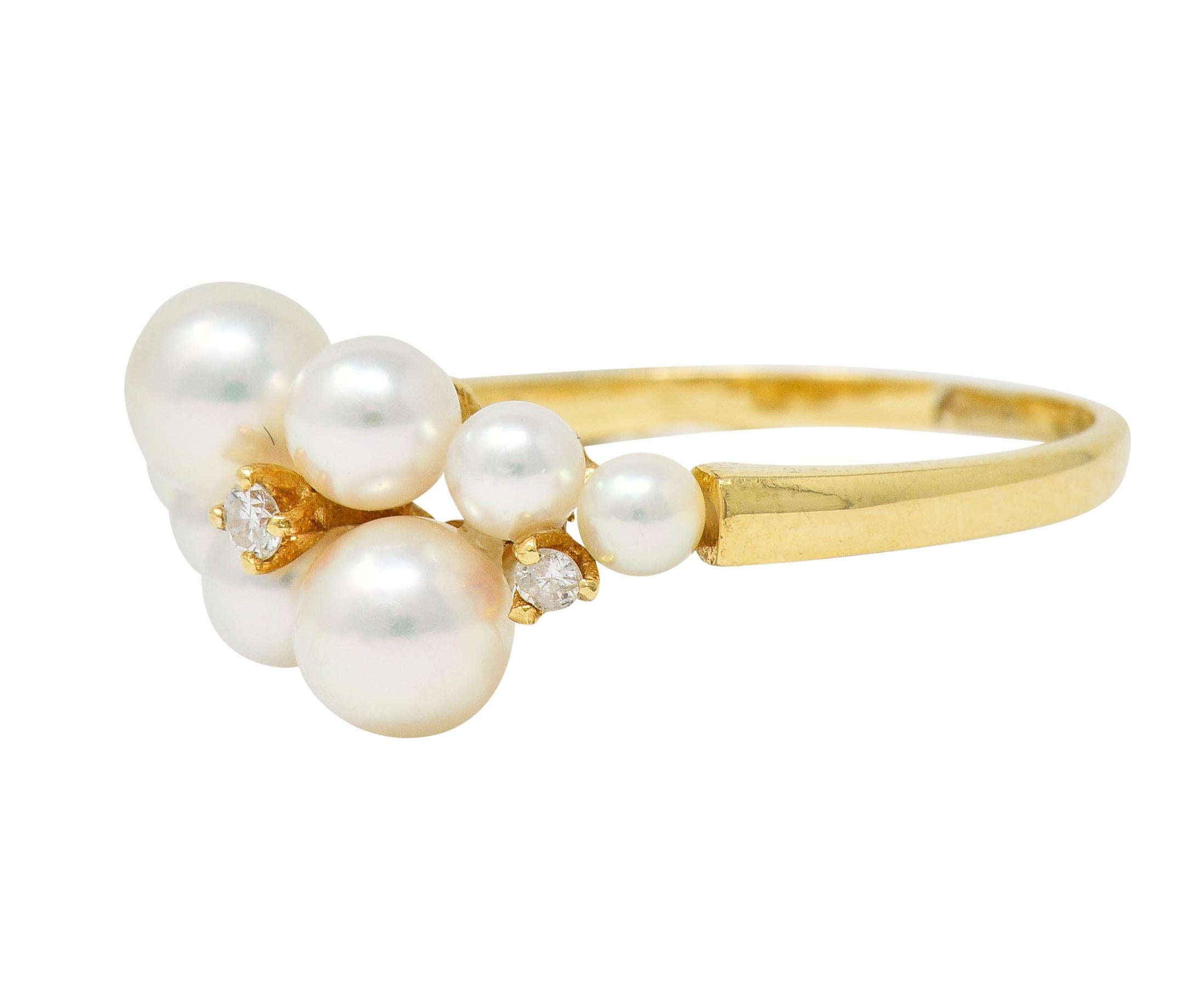 Mikimoto Vintage Diamond Cultured Pearl 18 Karat Gold Cluster Ring In Excellent Condition In Philadelphia, PA