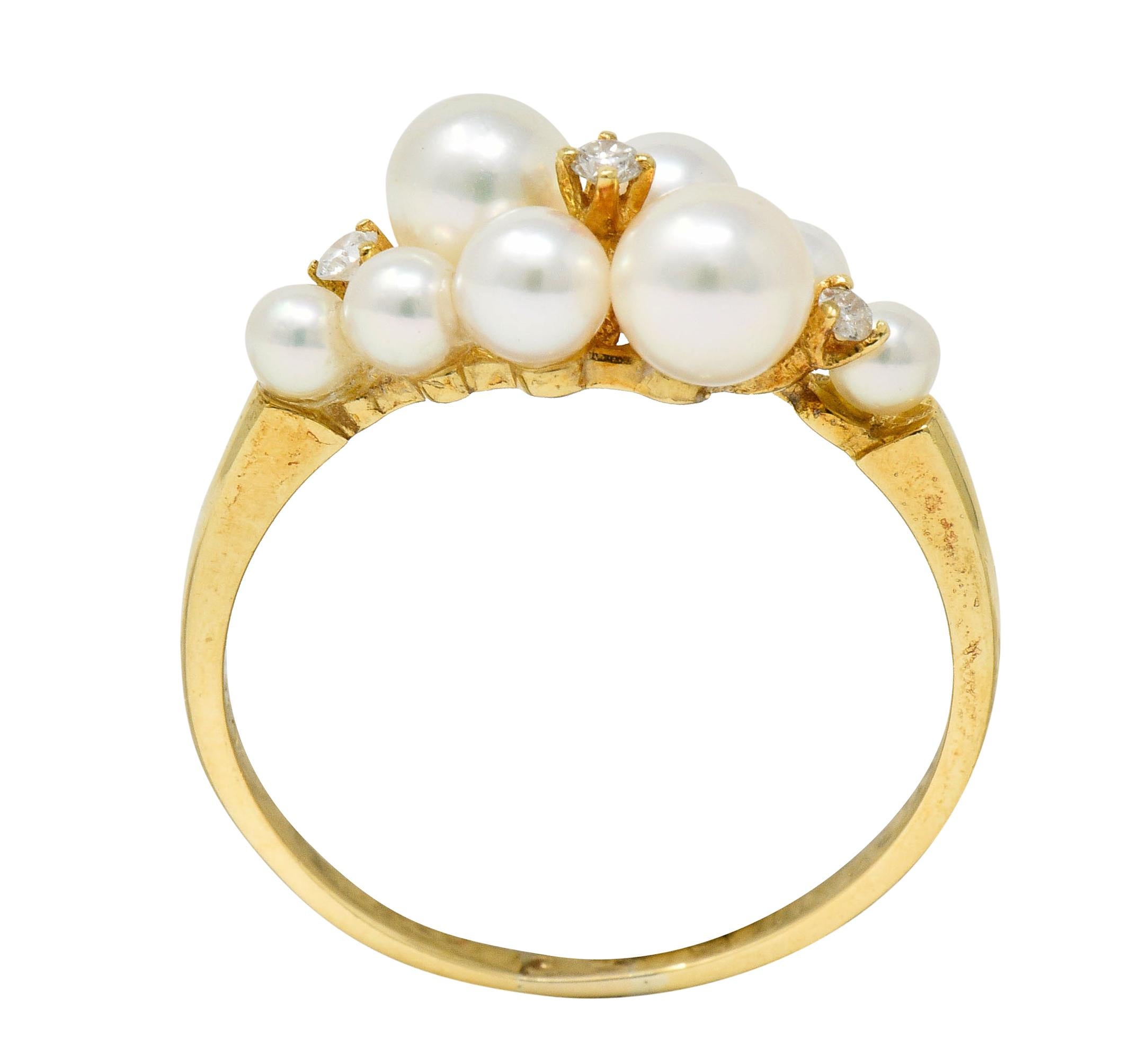 Women's or Men's Mikimoto Vintage Diamond Cultured Pearl 18 Karat Gold Cluster Ring