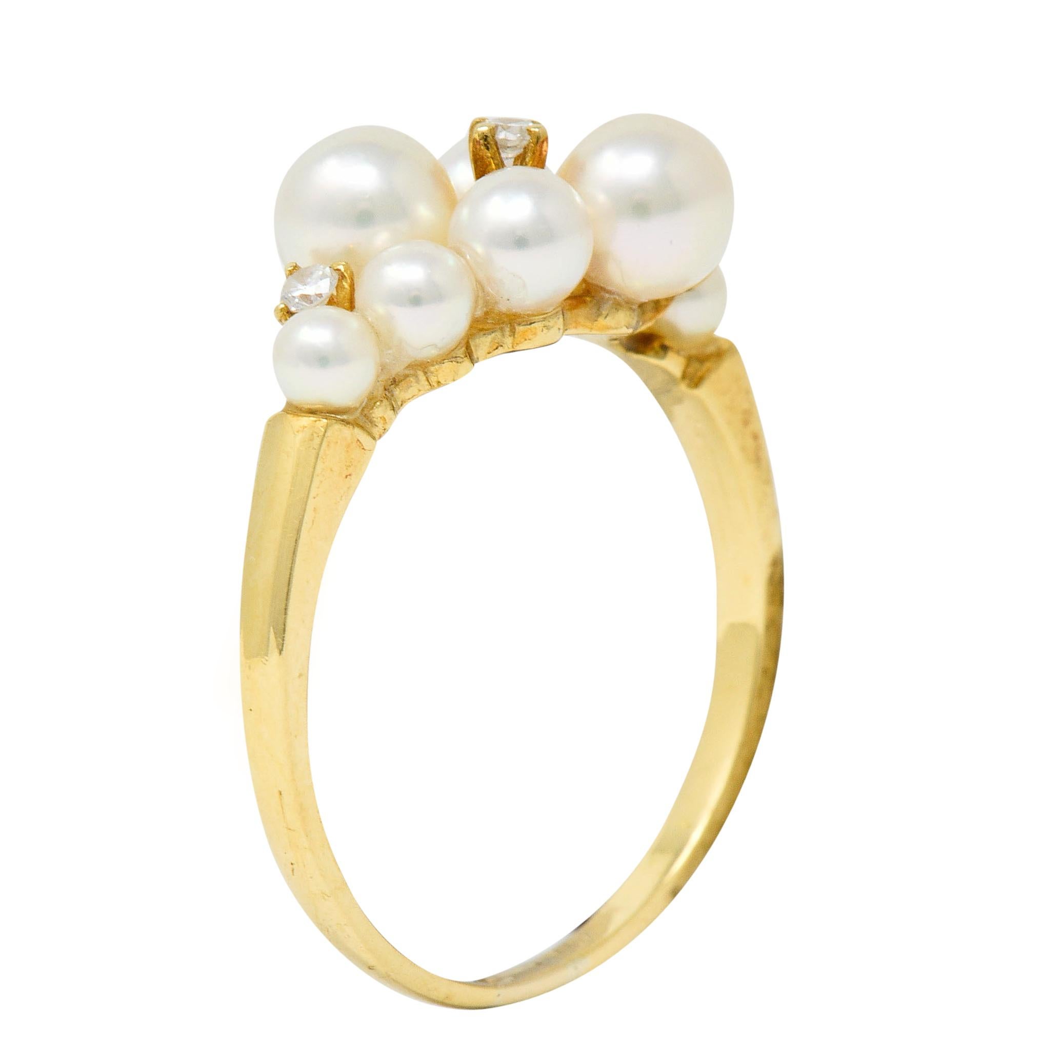 Mikimoto Vintage Diamond Cultured Pearl 18 Karat Gold Cluster Ring 1