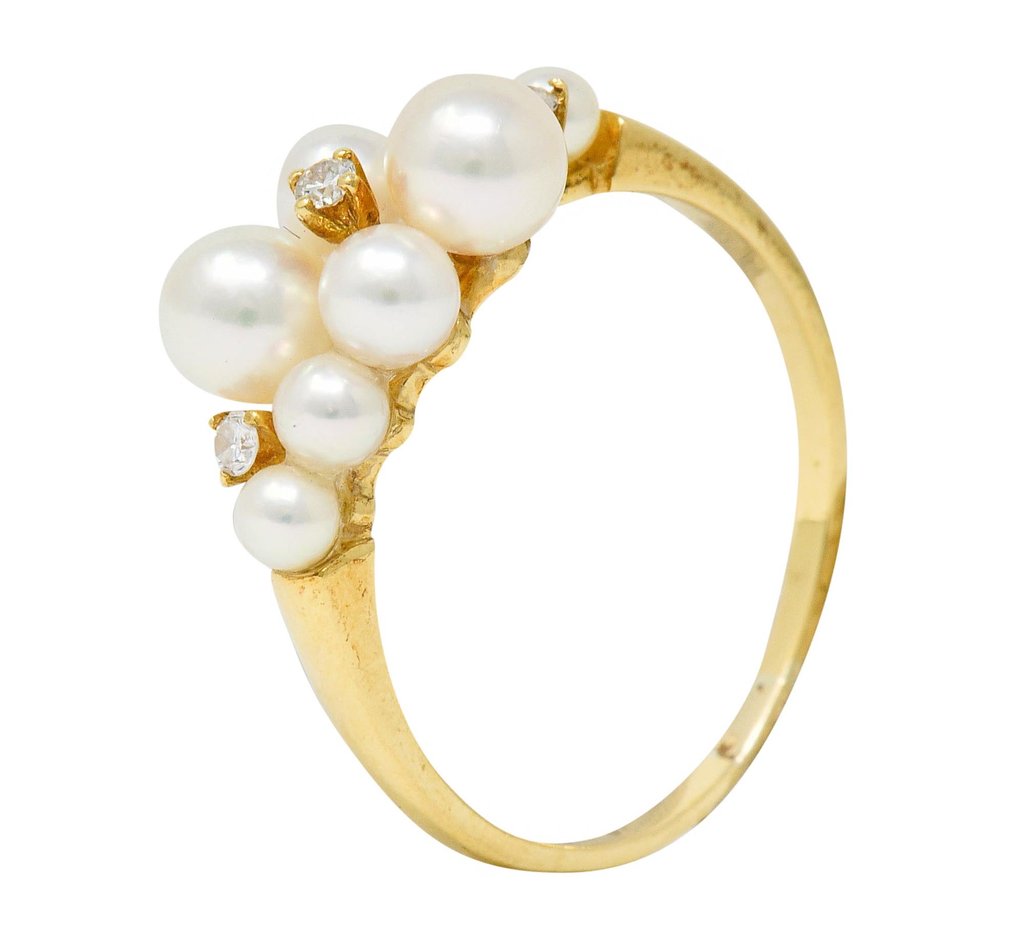 Mikimoto Vintage Diamond Cultured Pearl 18 Karat Gold Cluster Ring 2