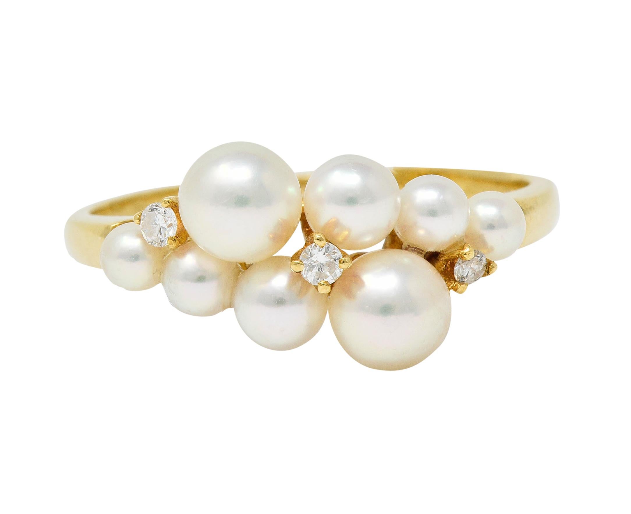Mikimoto Vintage Diamond Cultured Pearl 18 Karat Gold Cluster Ring