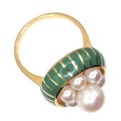 Mikimoto Vintage Pearl Enamel 18K Yellow Gold Cocktail Ring
