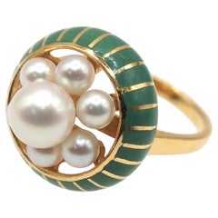 Mikimoto Vintage Pearl Enamel 18K Yellow Gold Cocktail Ring