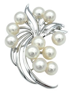 Mikimoto White Akoya Cultured Pearl Spray Brooch Set in 14 Karat White Gold