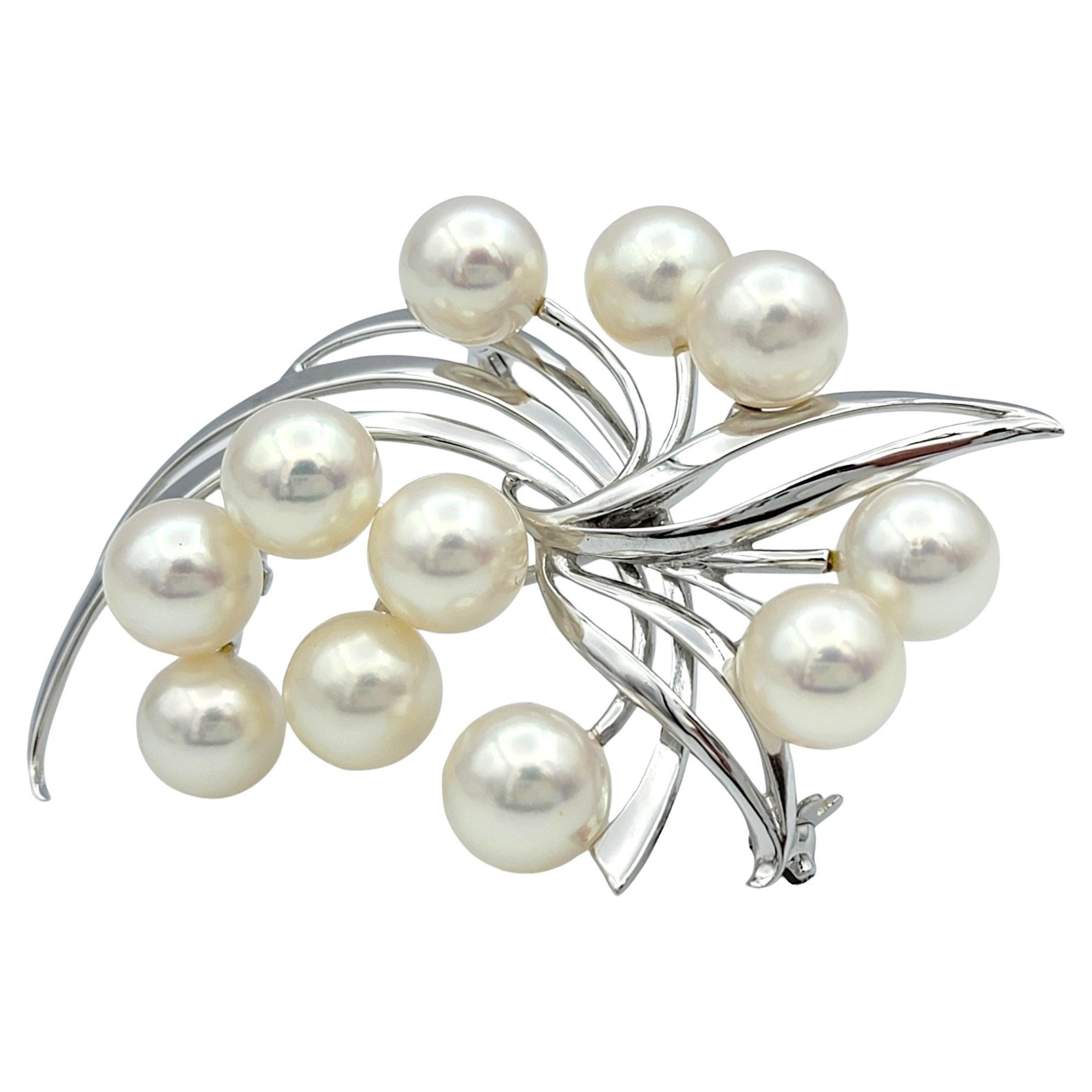 Contemporary Mikimoto White Akoya Cultured Pearl Spray Brooch Set in 14 Karat White Gold For Sale