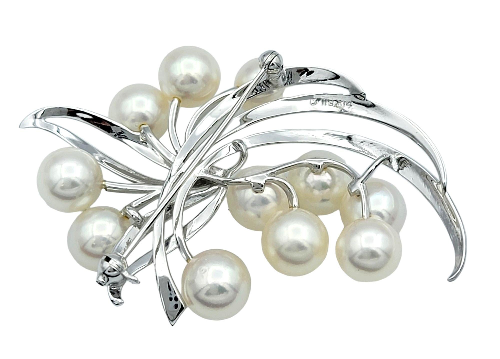 Round Cut Mikimoto White Akoya Cultured Pearl Spray Brooch Set in 14 Karat White Gold For Sale