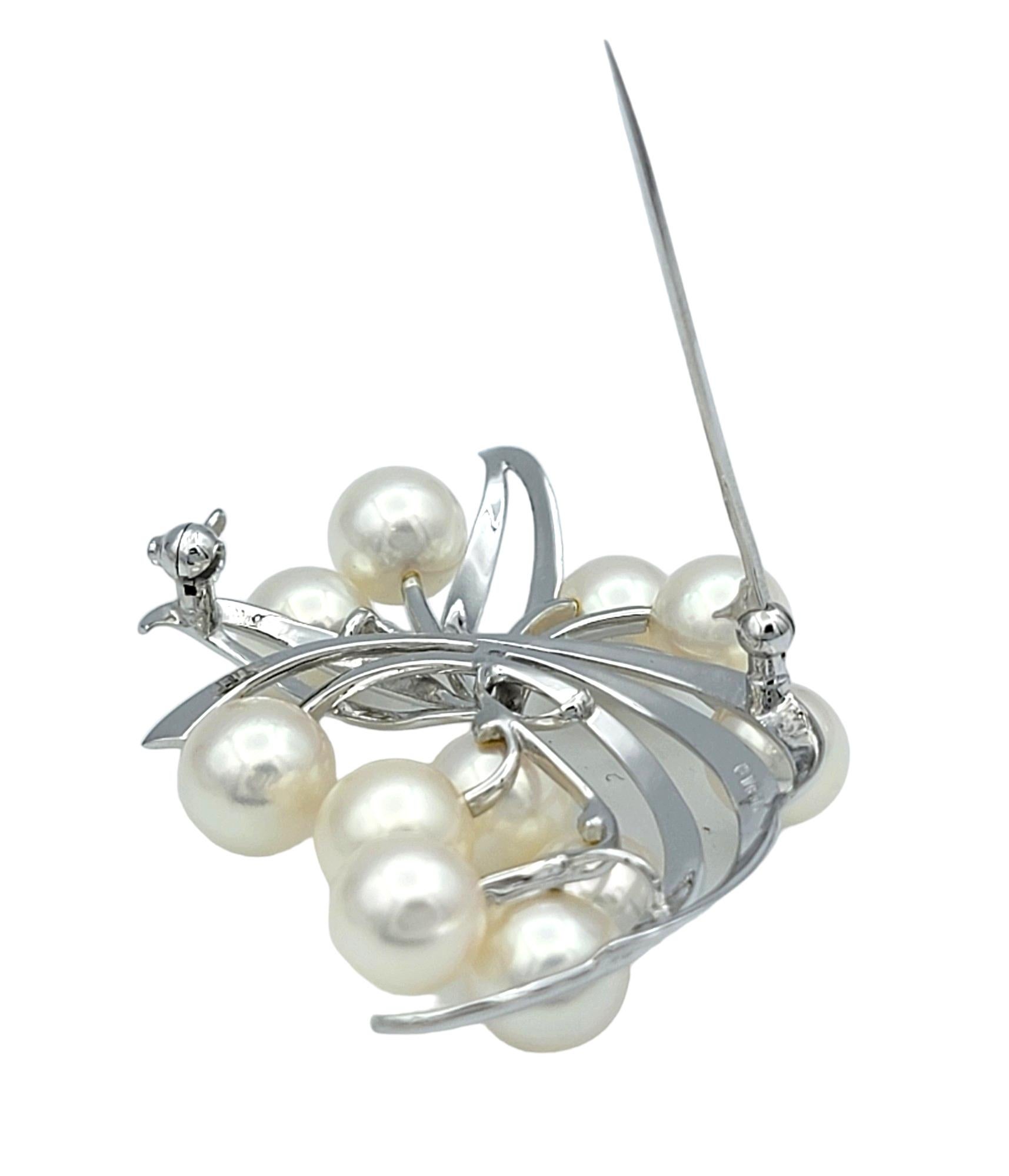 Round Cut Mikimoto White Akoya Cultured Pearl Spray Brooch Set in 14 Karat White Gold For Sale