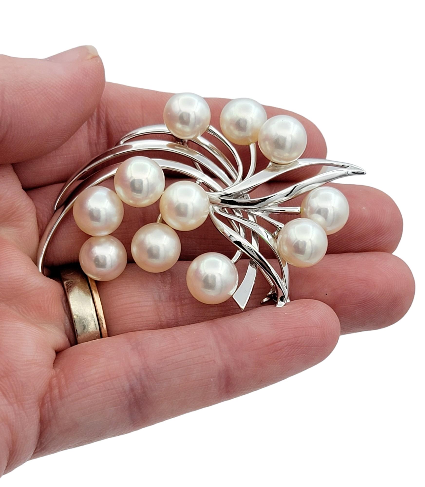 Women's Mikimoto White Akoya Cultured Pearl Spray Brooch Set in 14 Karat White Gold For Sale