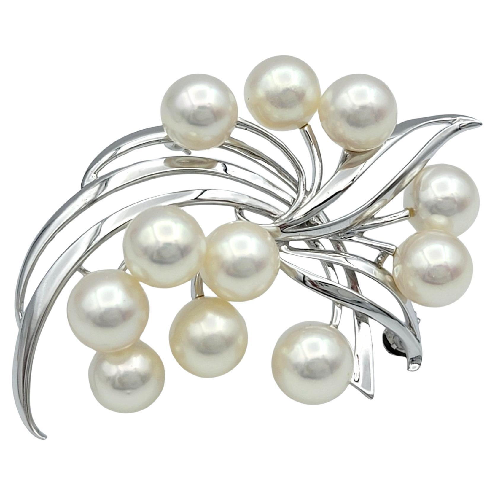 Mikimoto White Akoya Cultured Pearl Spray Brooch Set in 14 Karat White Gold For Sale