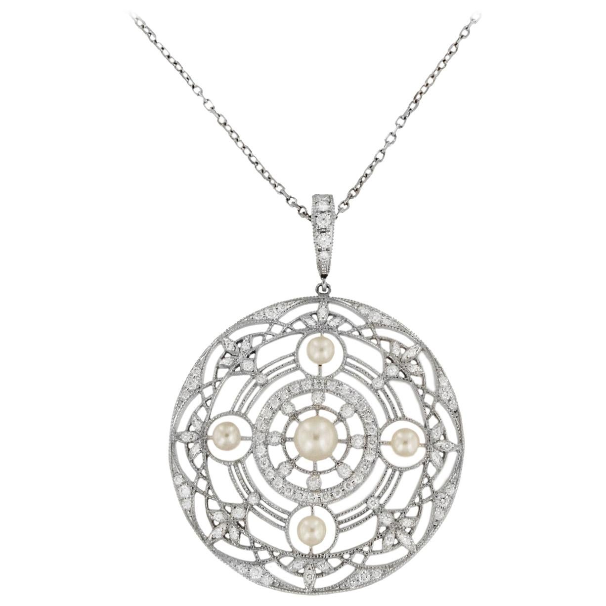 Mikimoto White Gold Akoya Pearl and Diamond Pendant Necklace For Sale