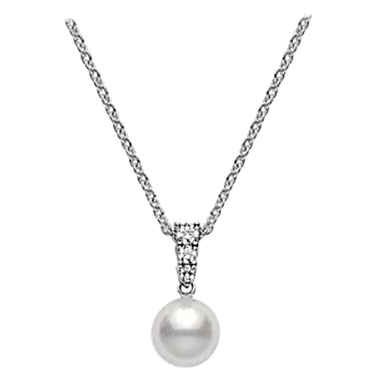 Mikimoto Morning Dew Akoya Cultured Pearl Pendant in 18K White Gold.  
The chain of this necklace is 18-inches long, but it can also be worn at 16-inches.
Akoya Cultured Pearl 8mm 
Daimonds 0.12cts 
PPA403DW