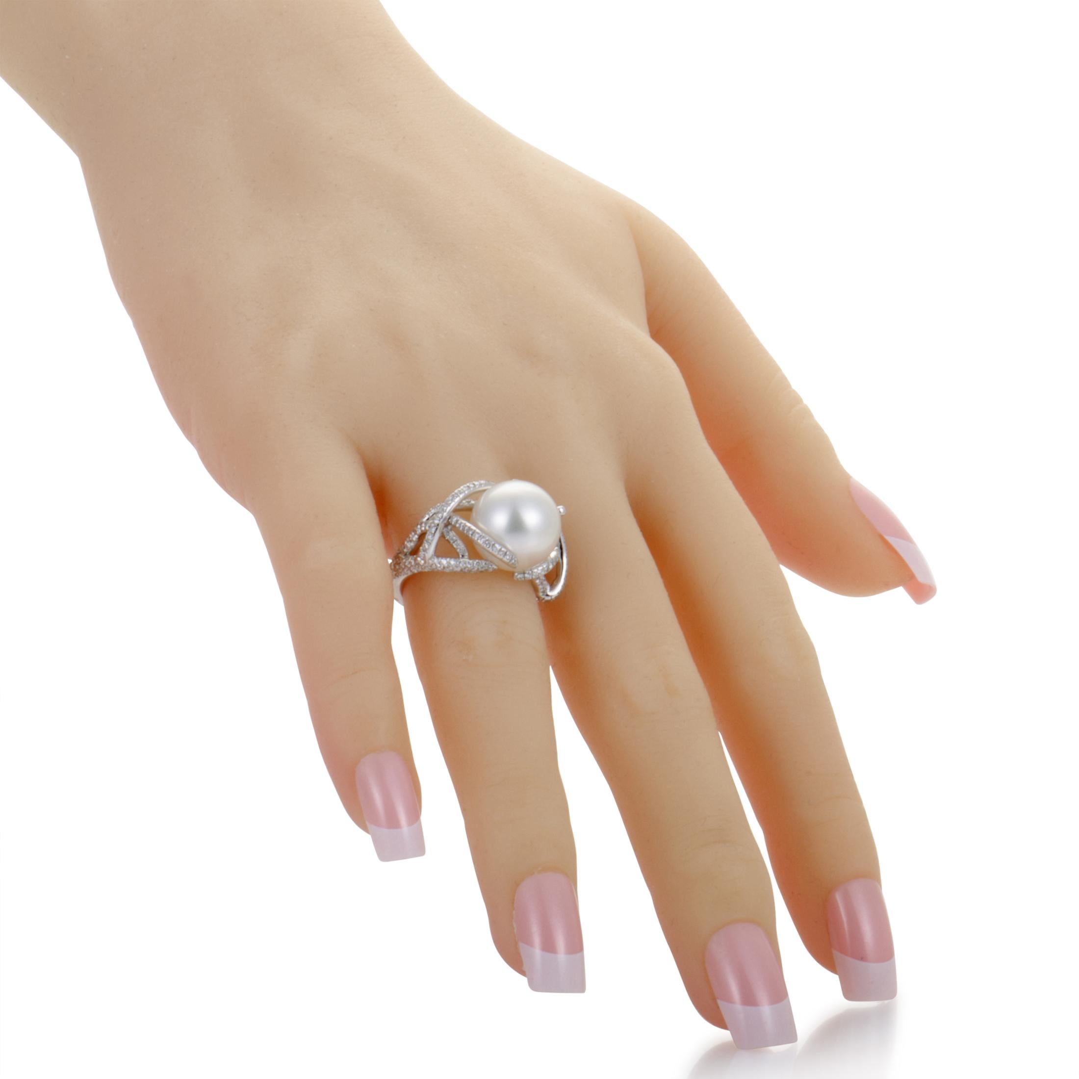 Mikimoto Women’s 18 Karat White Gold Diamond Pave Pearl Ring Size 55 1/4 - 7.5 1
