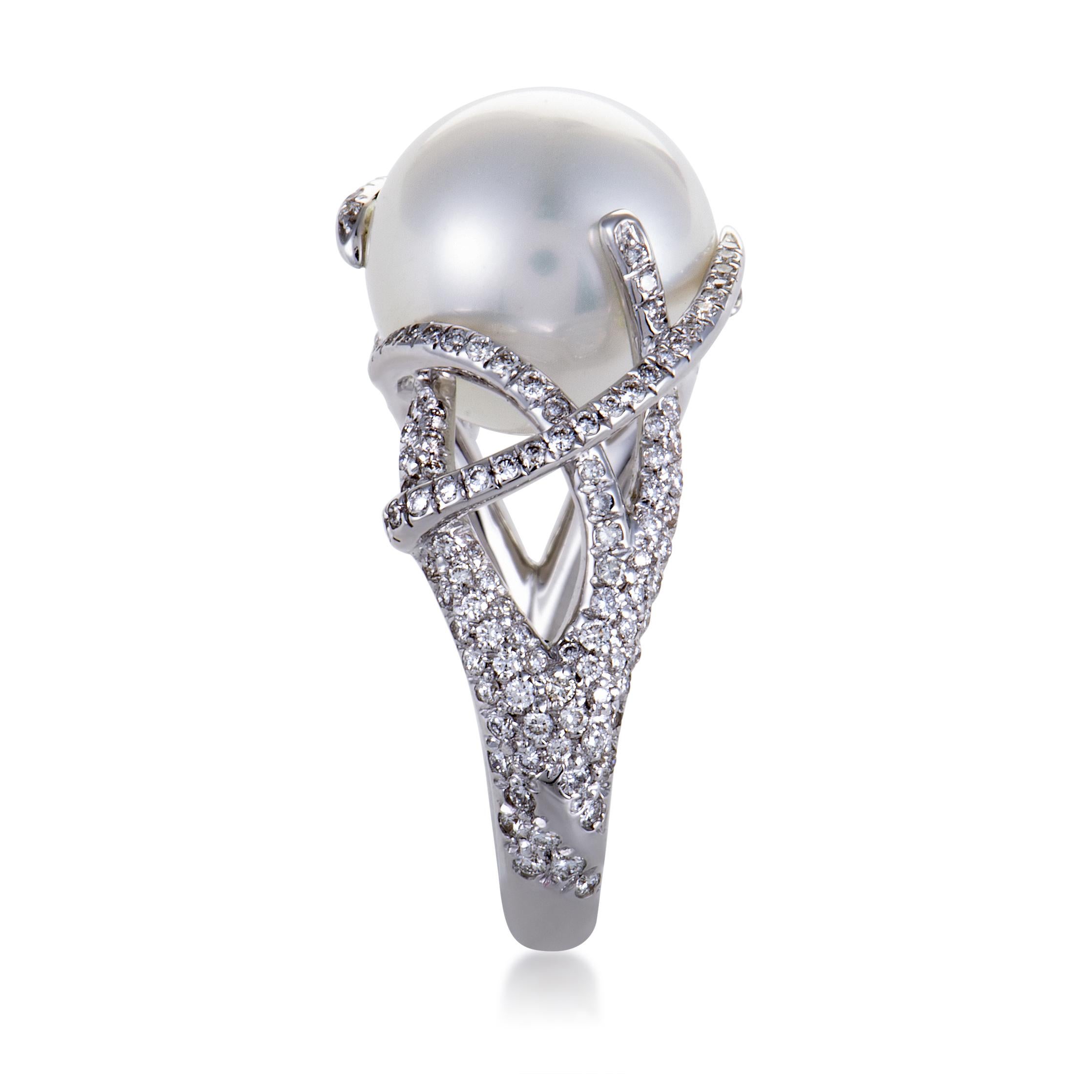 Round Cut Mikimoto Women’s 18 Karat White Gold Diamond Pave Pearl Ring