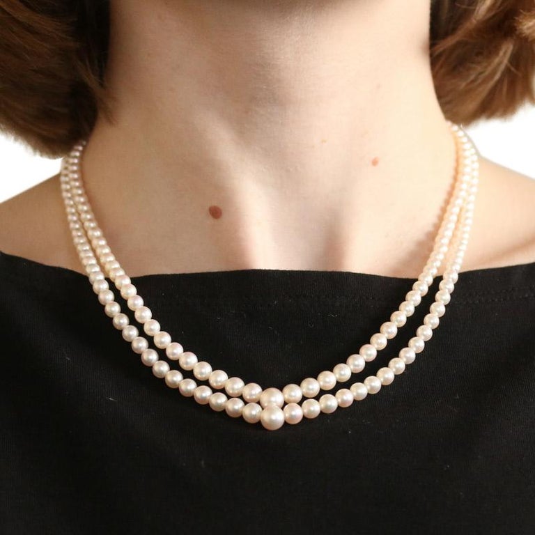 Mikimoto Yellow Gold Akoya Pearl Necklace, 18 Karat Graduated Double