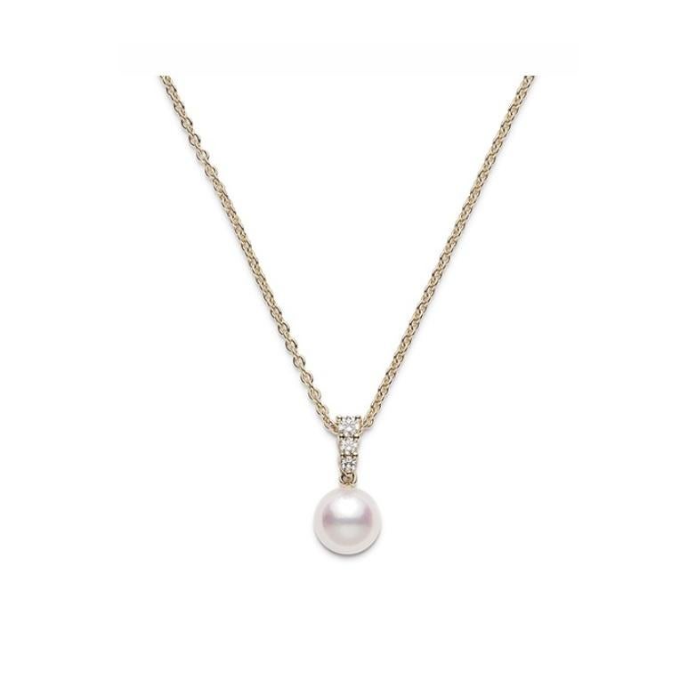 Mikimoto Morning Dew Akoya Cultured Pearl Pendant in 18K Yellow Gold.  
The chain of this necklace is 18-inches long, but it can also be worn at 16-inches.
Akoya Cultured Pearl 8mm 
Diamonds 0.12cts 
PPA403DK