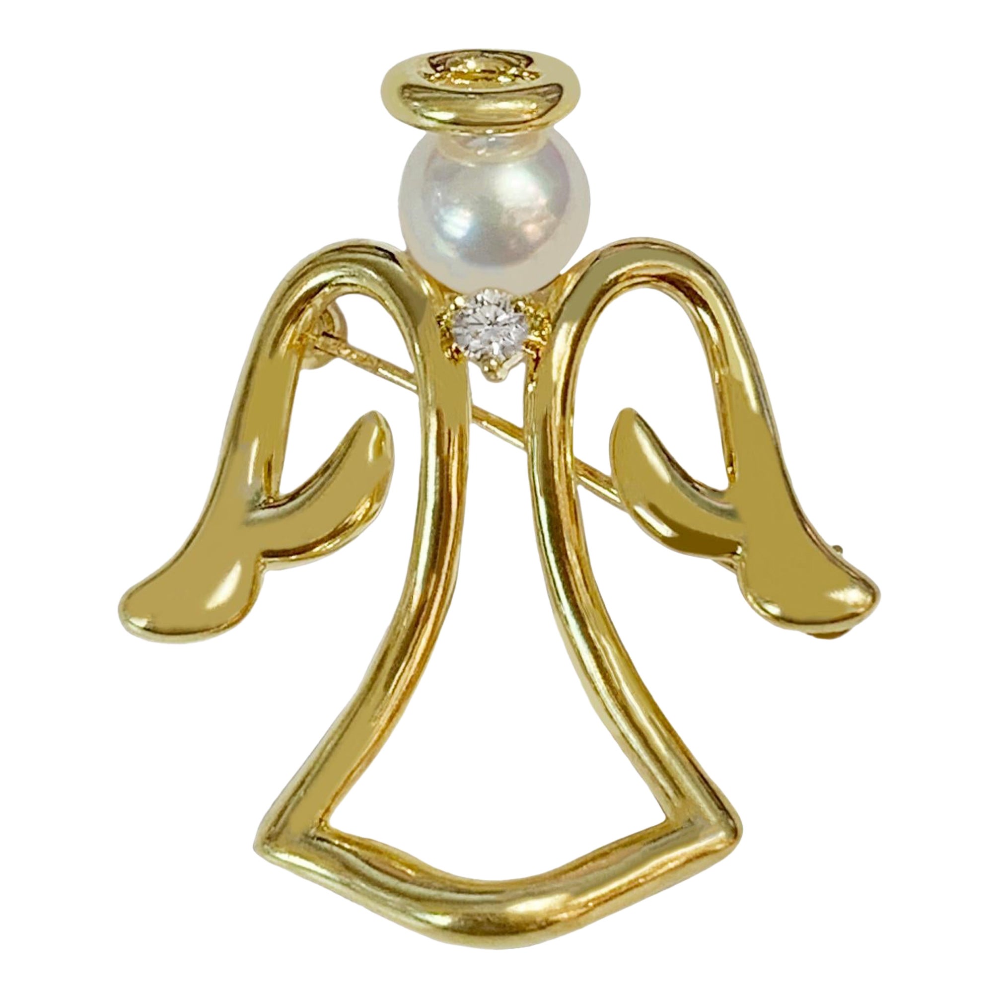 Mikimoto Gelbgold Anstecknadelbrosche mit Engelsperlenmotiv