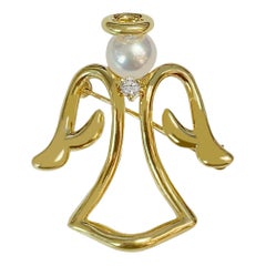 Mikimoto Gelbgold Anstecknadelbrosche mit Engelsperlenmotiv
