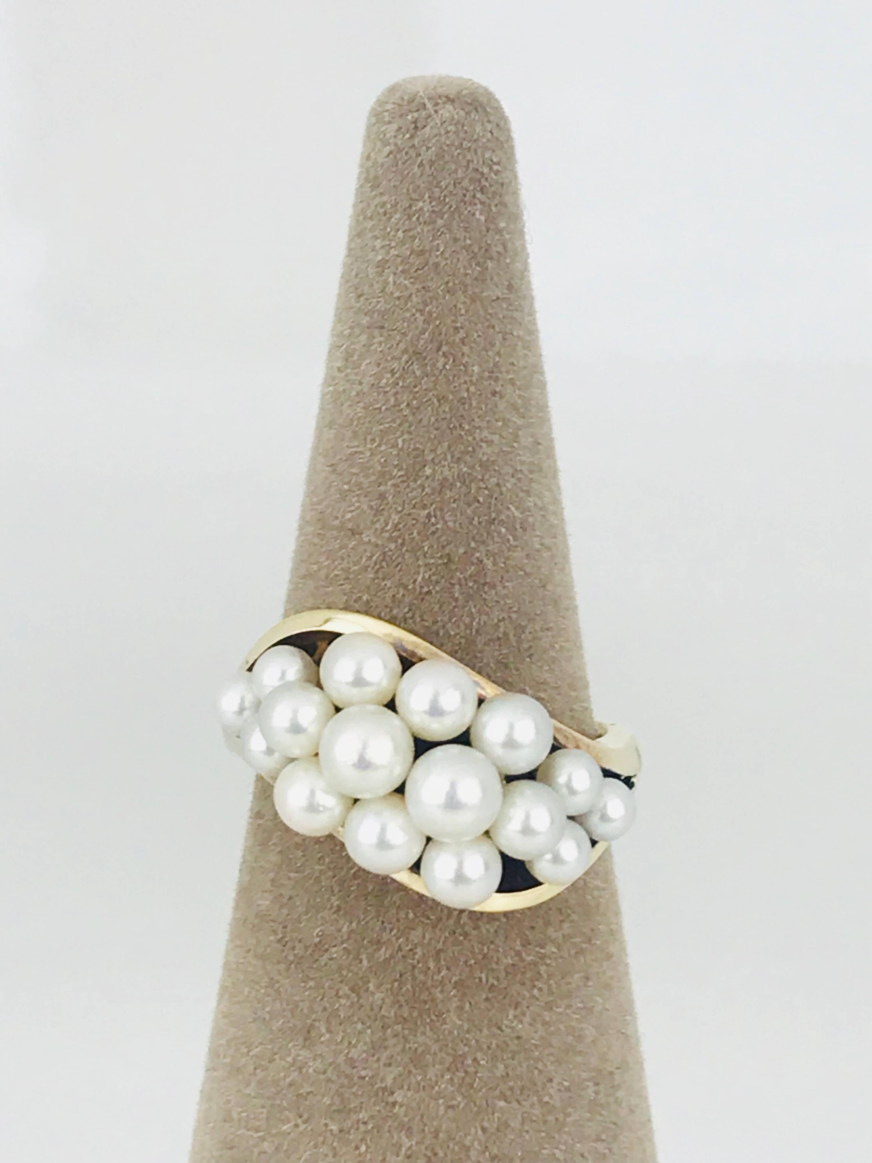 Round Cut Mikimoto, White Pearl Cluster 14 Karat Yellow Gold Ring For Sale