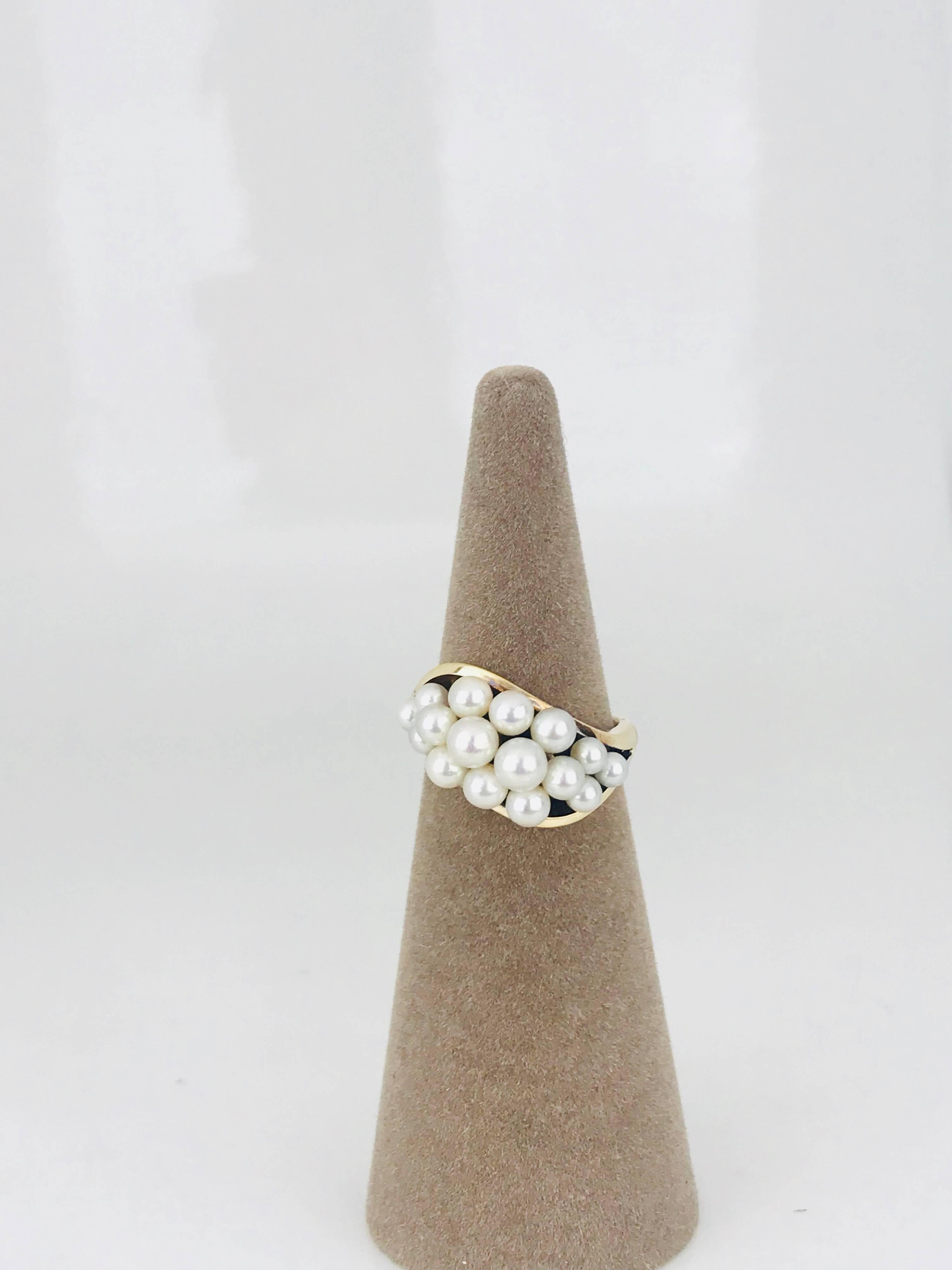 Mikimoto, White Pearl Cluster 14 Karat Yellow Gold Ring For Sale 3