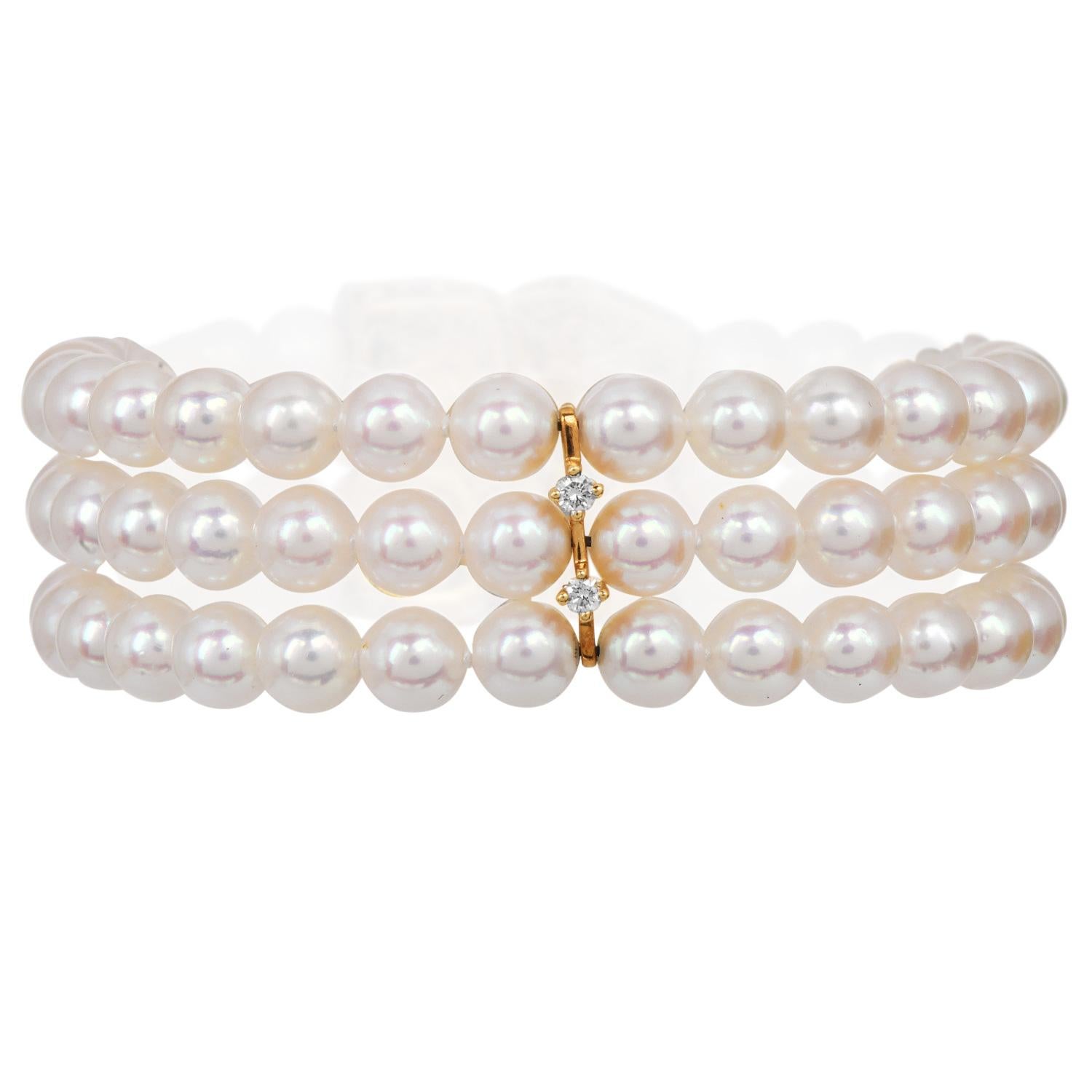 Round Cut Mikimotto 4.00cts Diamond Pearl 18K Gold Three Strand Flower Bracelet For Sale