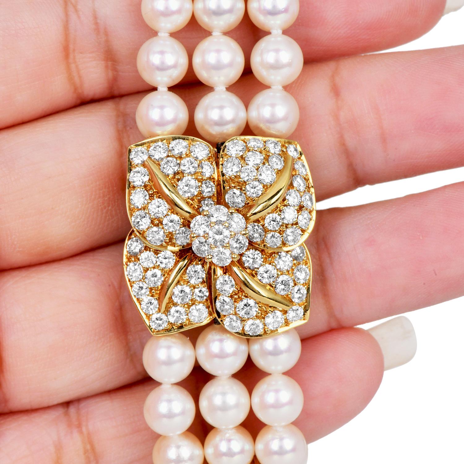 Women's Mikimotto 4.00cts Diamond Pearl 18K Gold Three Strand Flower Bracelet For Sale