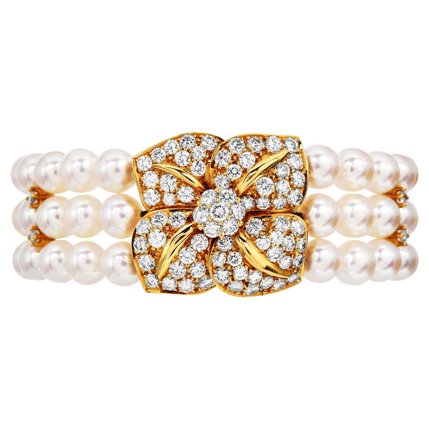 Mikimotto 4.00cts Diamond Pearl 18K Gold Three Strand Flower Bracelet