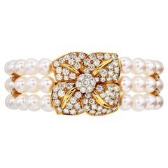 Mikimotto 4.00cts Diamond Pearl 18K Gold Three Strand Flower Bracelet