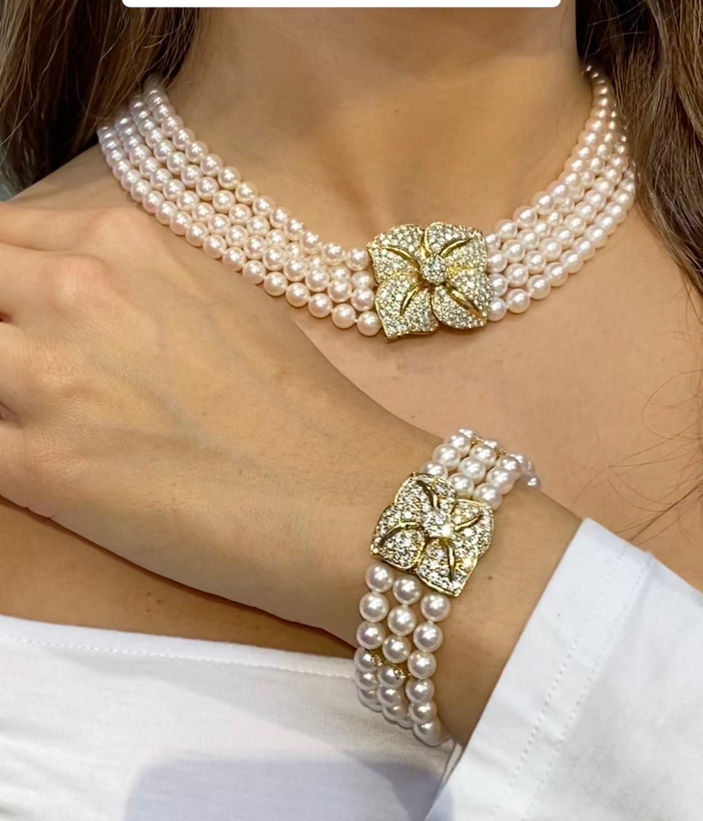 Moderne Mikimotto Collier à quatre rangs de fleurs superposées en or 18 carats avec diamants 7,57 carats en vente