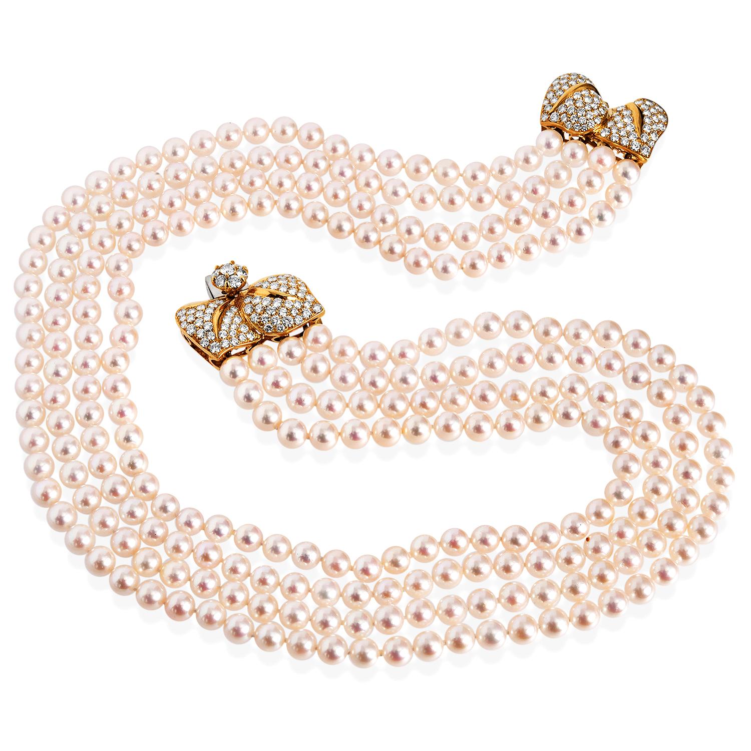 Mikimotto Collier à quatre rangs de fleurs superposées en or 18 carats avec diamants 7,57 carats Excellent état - En vente à Miami, FL