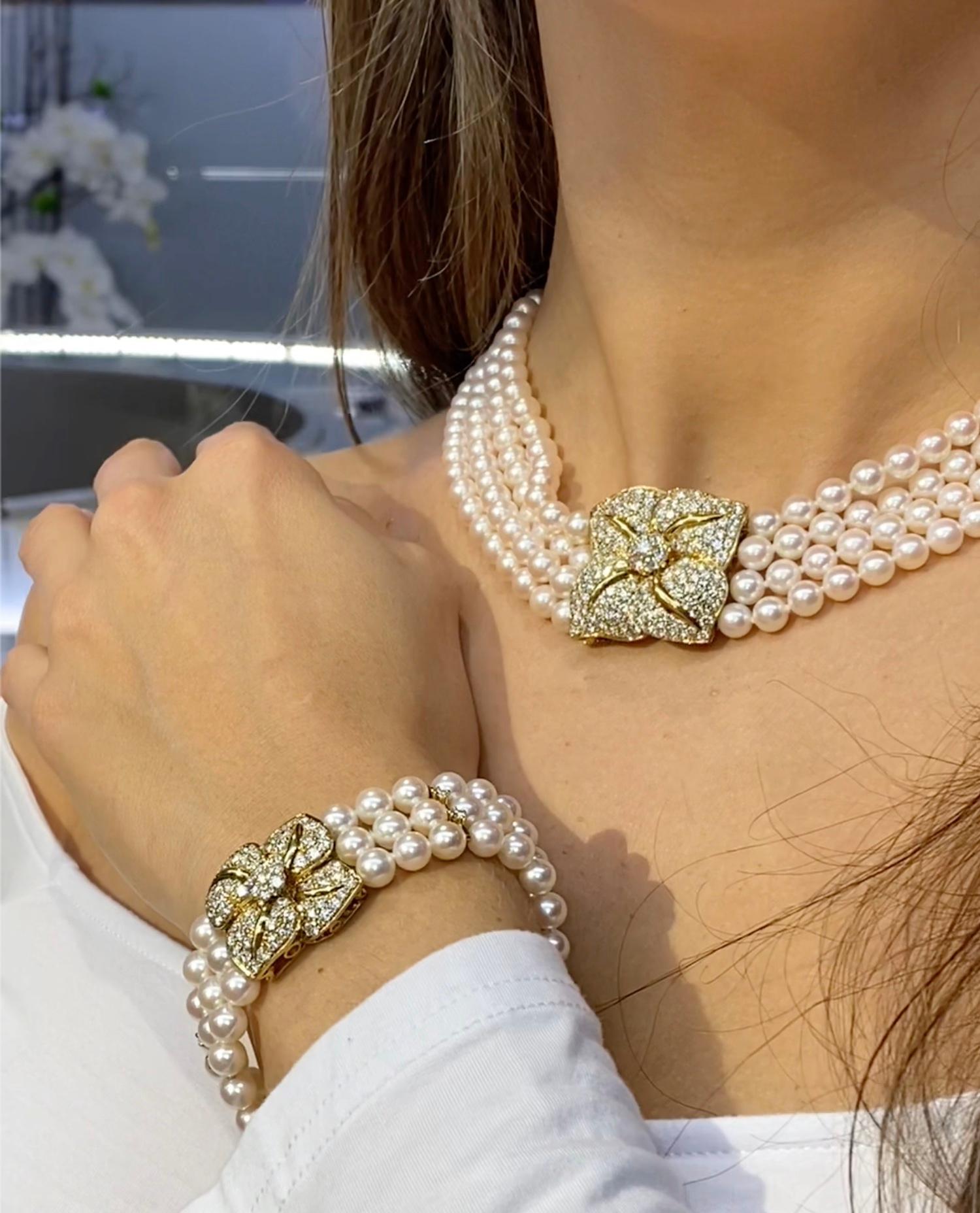 Mikimotto Collier à quatre rangs de fleurs superposées en or 18 carats avec diamants 7,57 carats Excellent état - En vente à Miami, FL