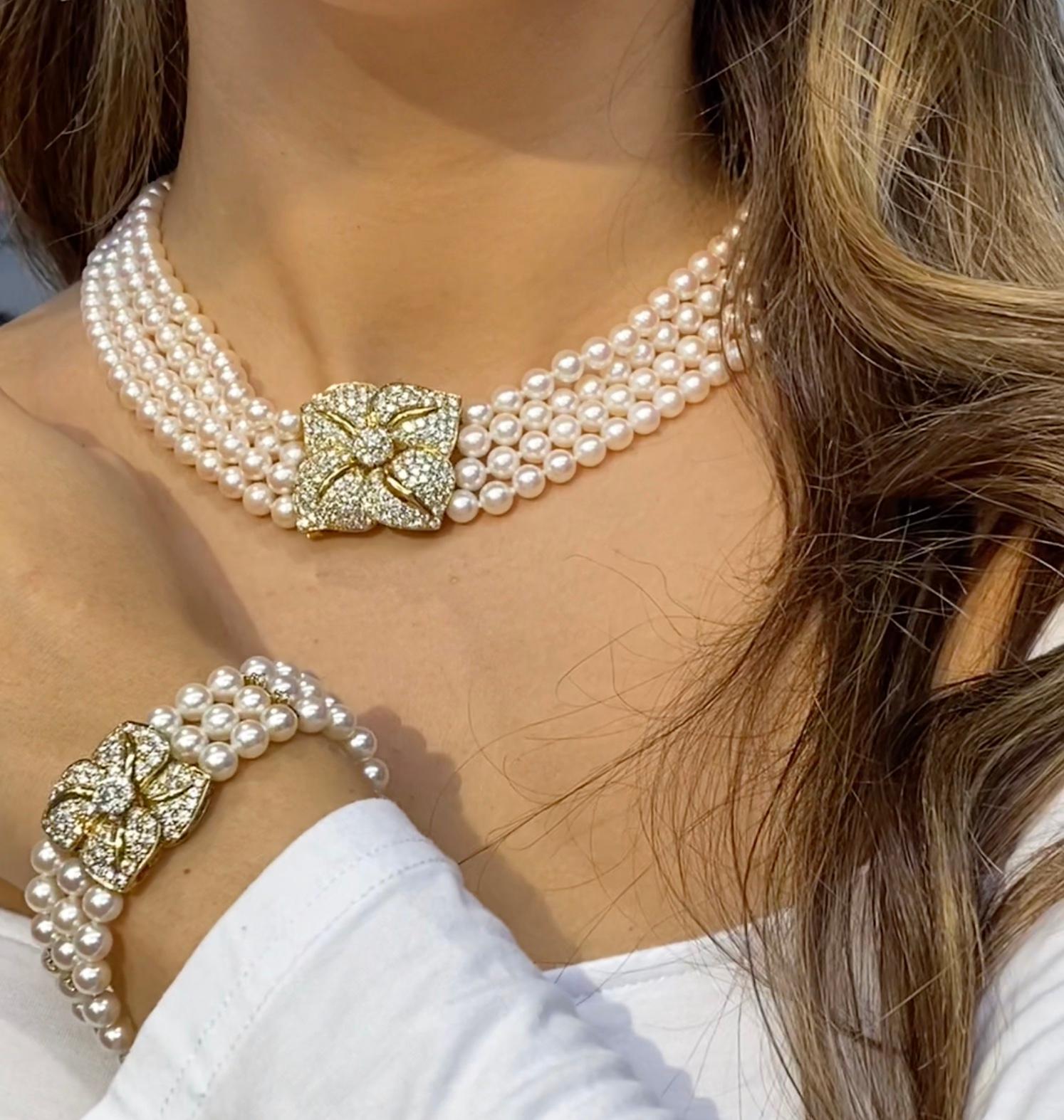 Mikimotto Collier à quatre rangs de fleurs superposées en or 18 carats avec diamants 7,57 carats en vente 2