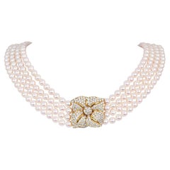 Mikimotto 7,57 Karat Diamant Vierstrang Perle 18K Gold geschichtete Blumenhalskette