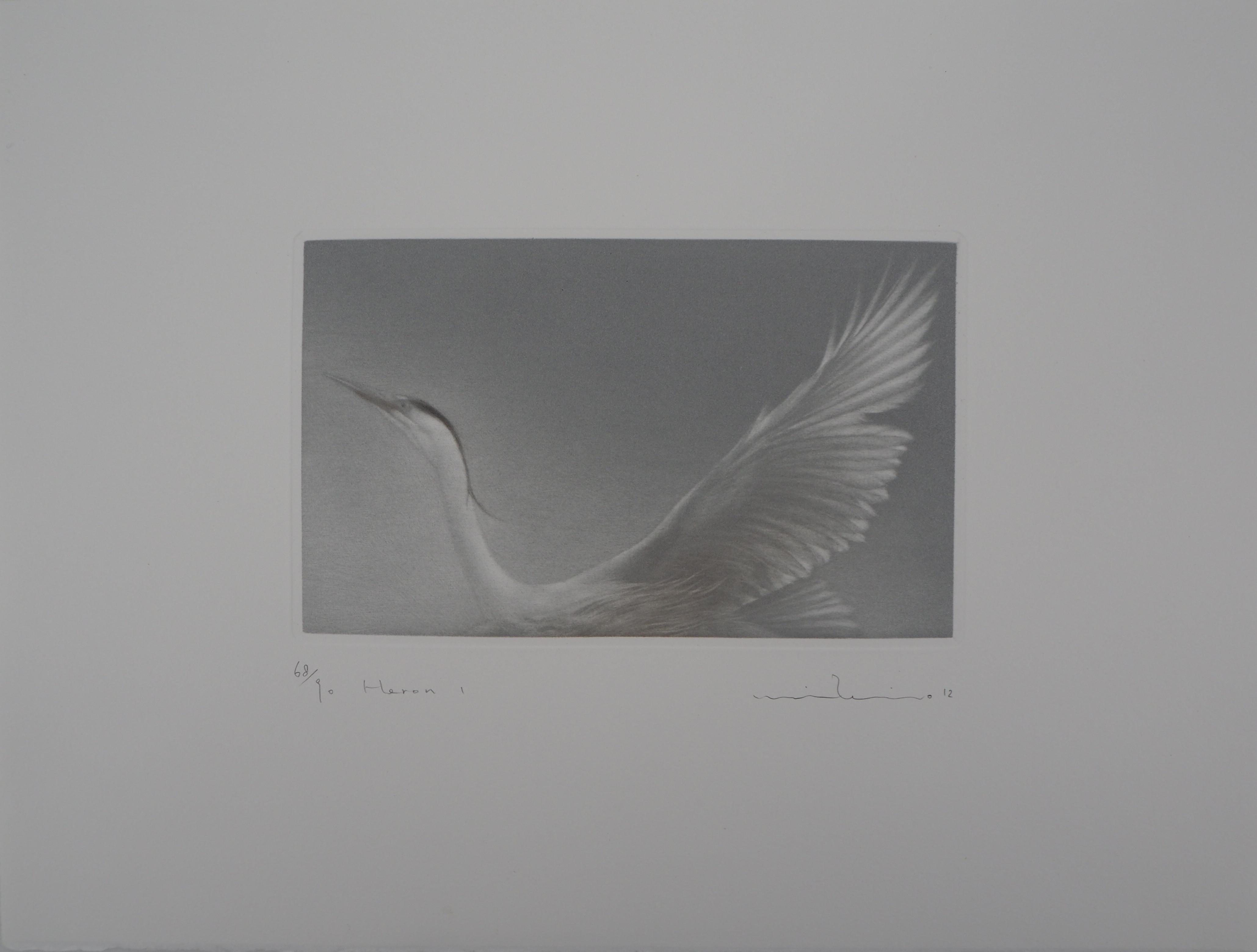 Mikio Watanabe Animal Print - Flying Heron - Original handsigned etching / 90ex