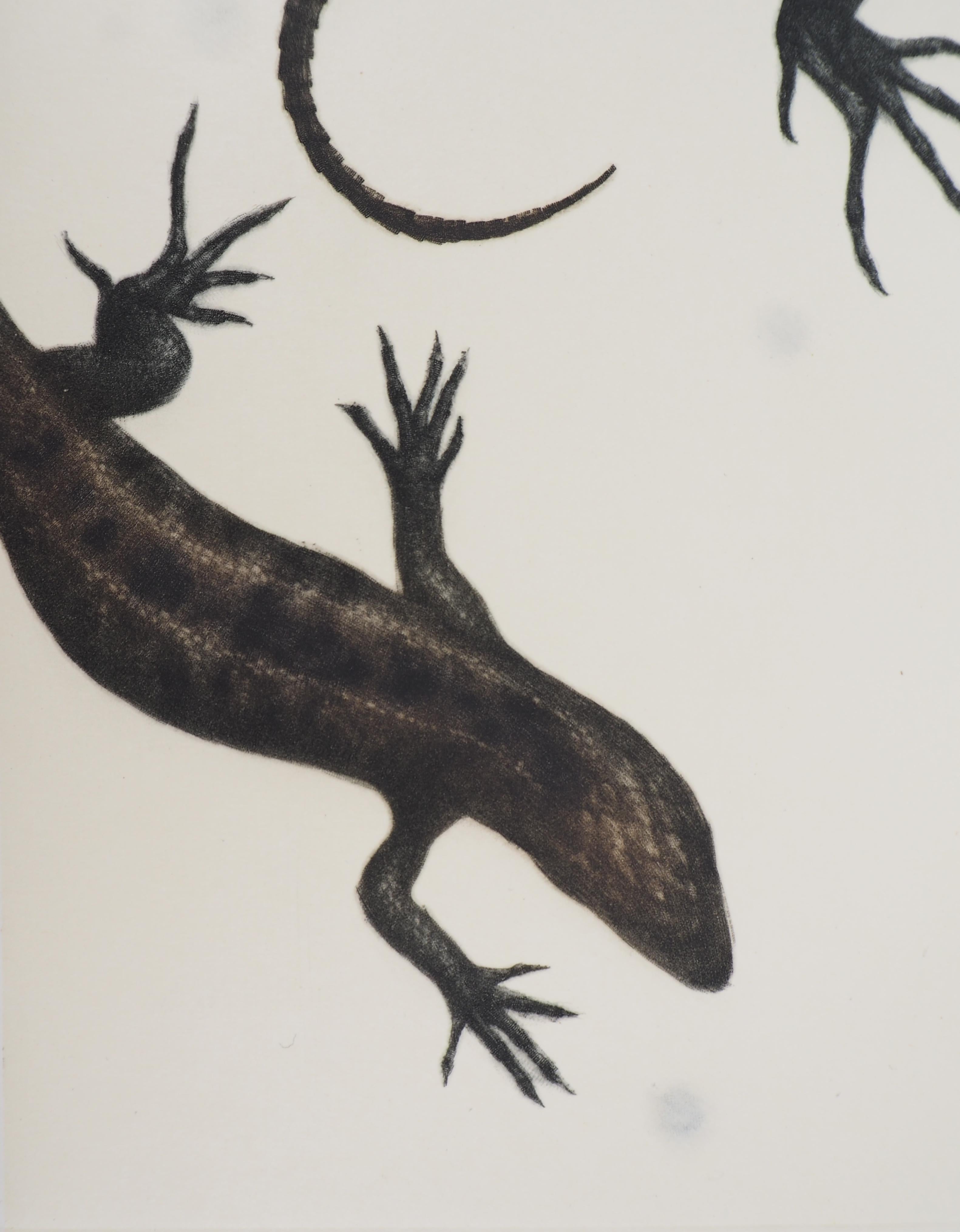 Lizards - Original handsigned etching / 90ex - Gray Animal Print by Mikio Watanabe