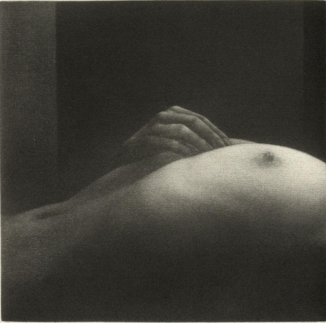 Mikio Watanabe Figurative Print - Serenite II ( the serene young woman lying on her back caresses her breast)