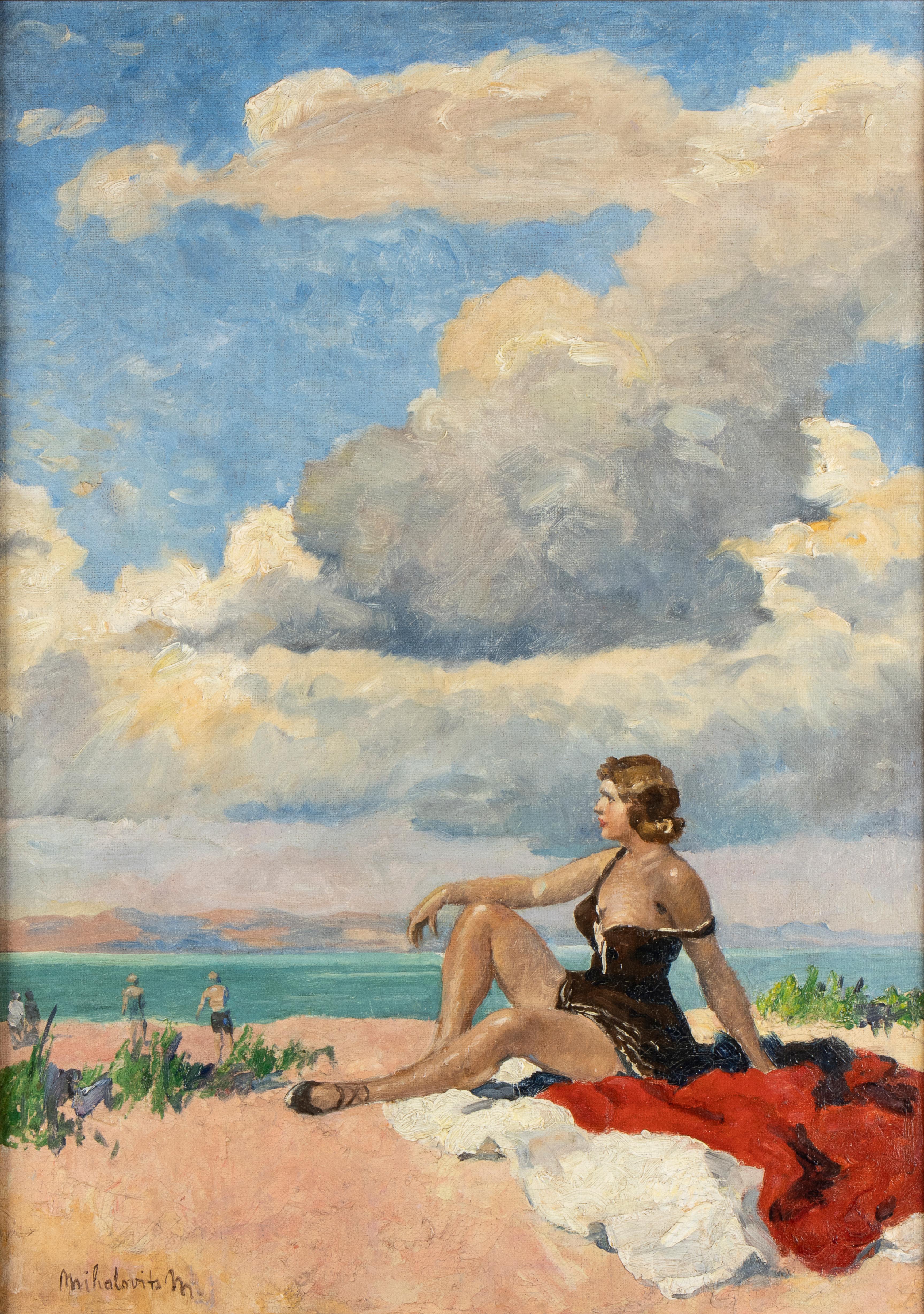 Girl Sunbath On The Beach At The Lake Of Balaton Signed M Mihalovits - Painting by Miklos Mihalovits