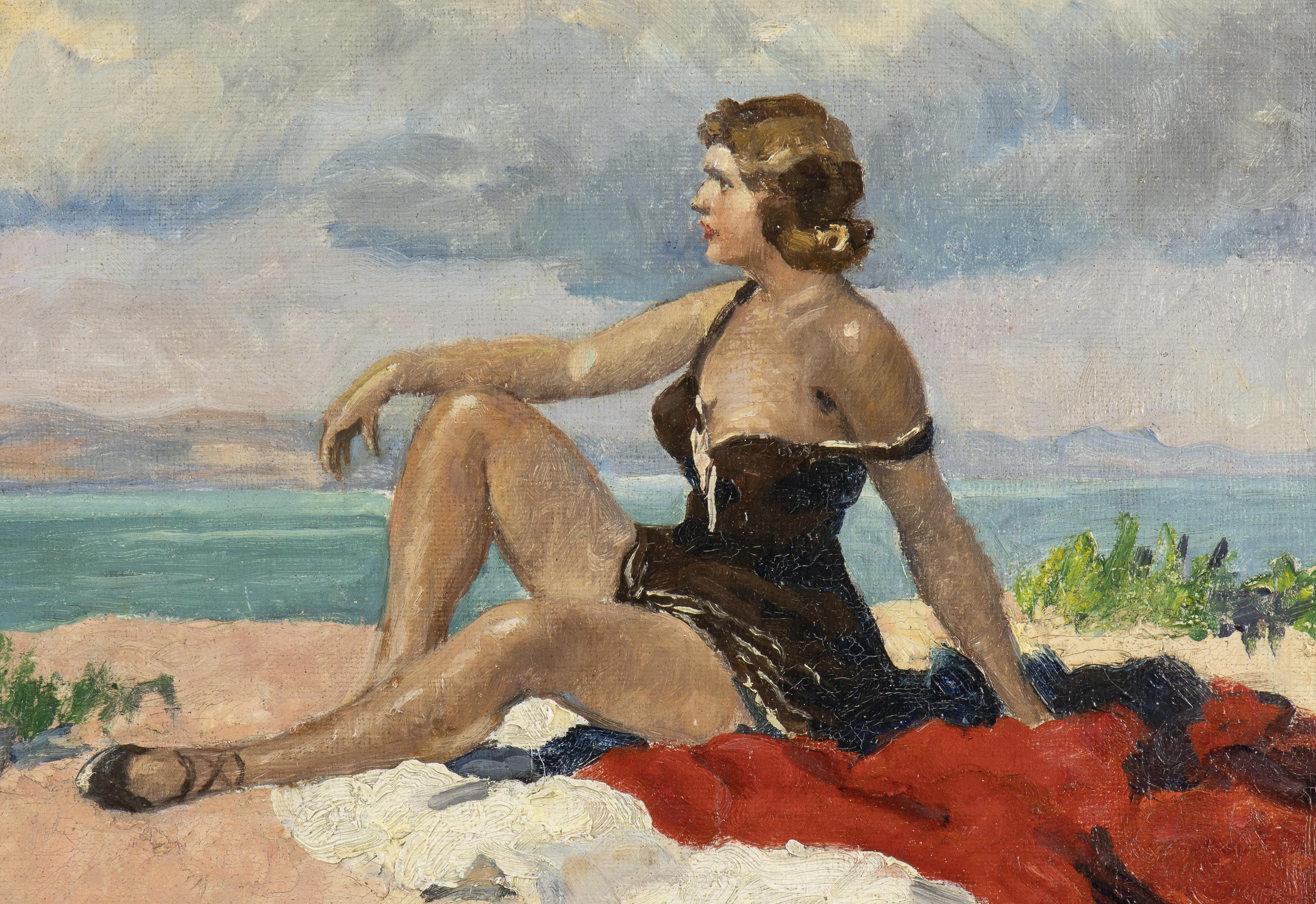 Girl Sunbath On The Beach At The Lake Of Balaton Signed M Mihalovits - Other Art Style Painting by Miklos Mihalovits