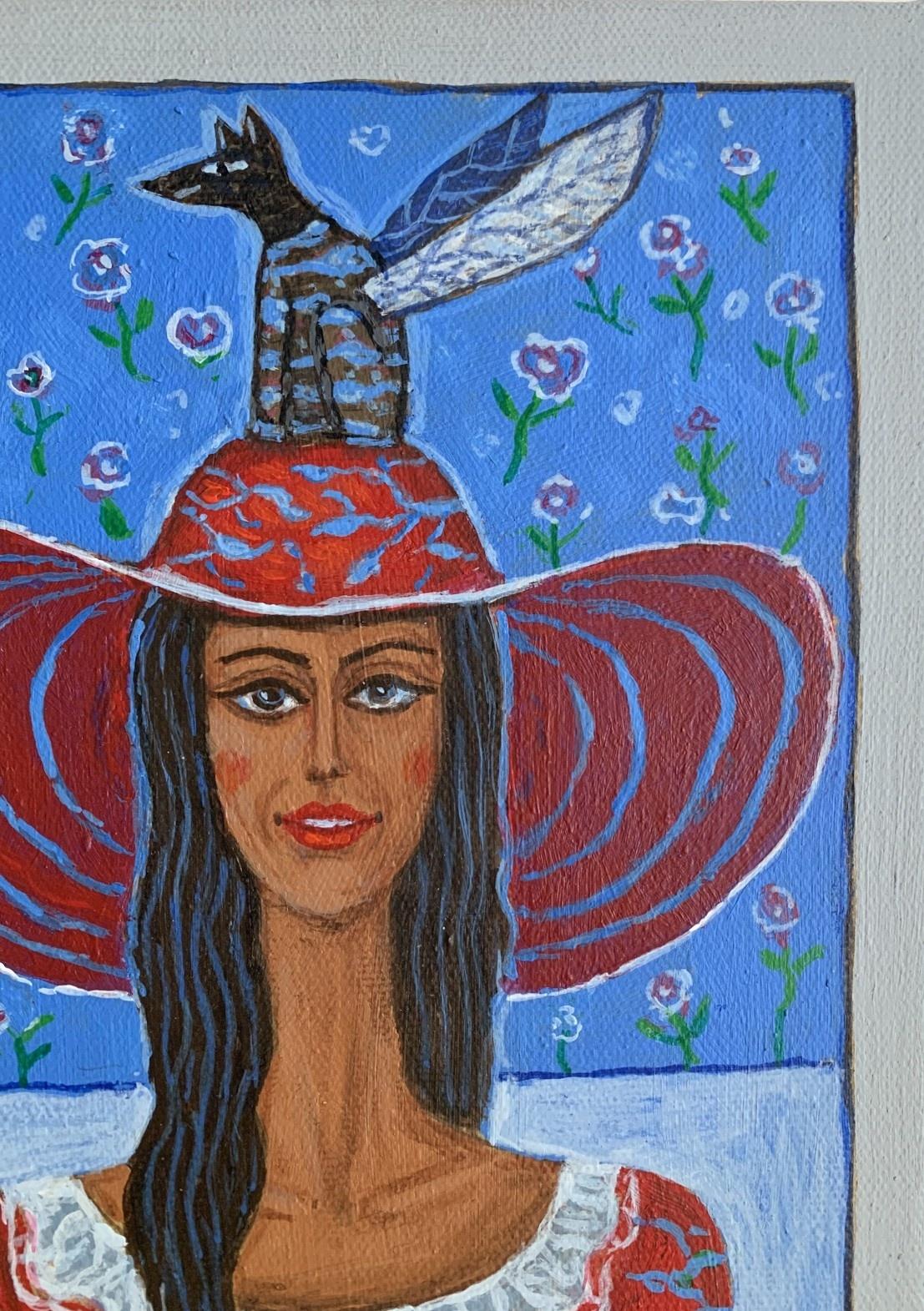 Contemporary small scale figurative acrylic on canvas painting by Polish artist Mikolaj Malesza. Artwork is in a surrealistic, fairy tale style. It depicts portrait of a woman wearing a hat on which a cat-like creature with wings is sitting. There