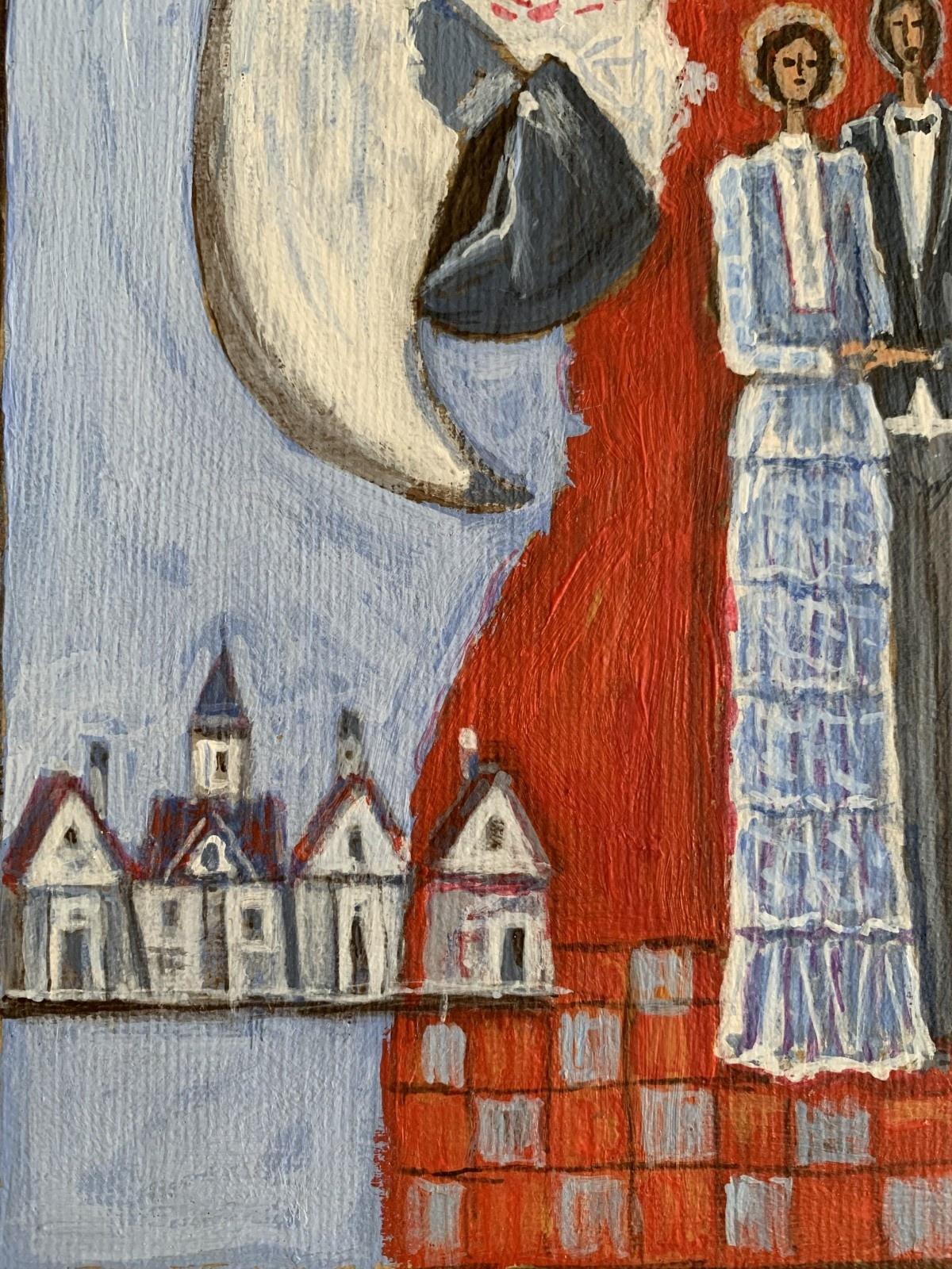 Un témoin. Peinture acrylique contemporaine, Figurative, Surréaliste, Artiste polonais - Gris Interior Painting par Mikołaj Malesza